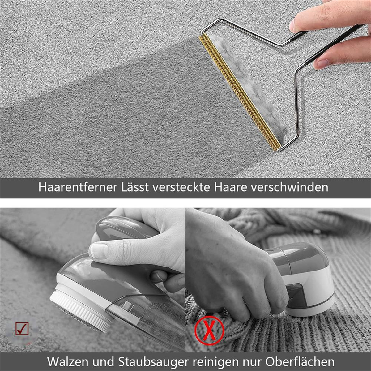 Zwei Bilder: eine Hand benutzt eine Fusselrolle und eine Hand einen Fusselentferner. Text: Haarentferner...
