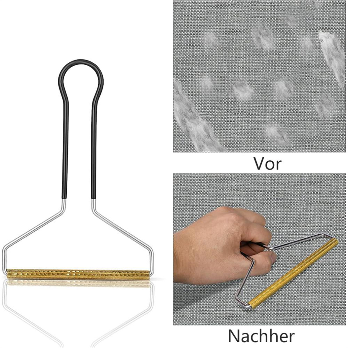 Fusselentferner mit Metallrahmen. Zeigt Vorher-Nachher-Gebrauch auf Stoff.