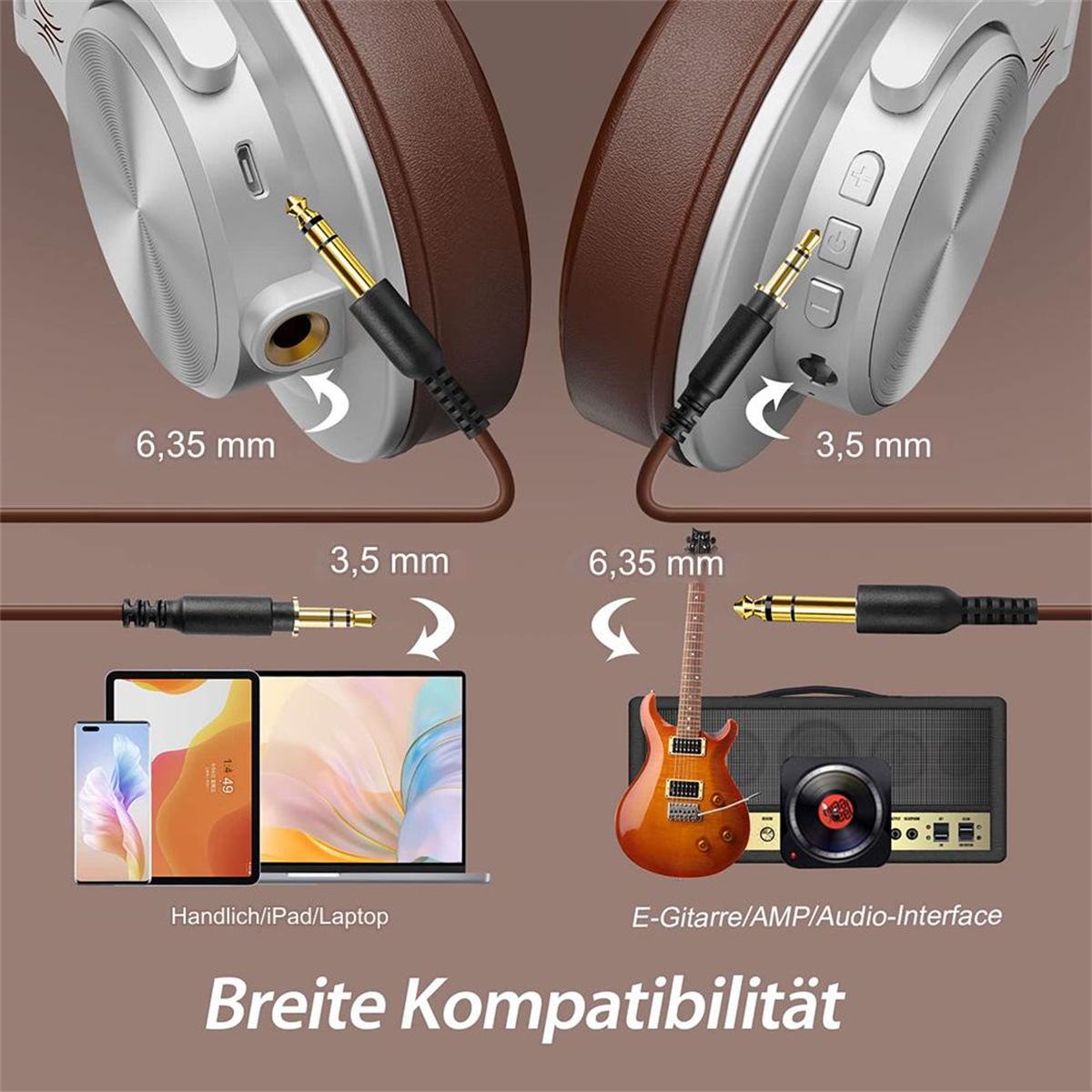 Nahaufnahme von Kopfhörern mit verschiedenen Anschlüssen, einer Gitarre und einem Telefon.