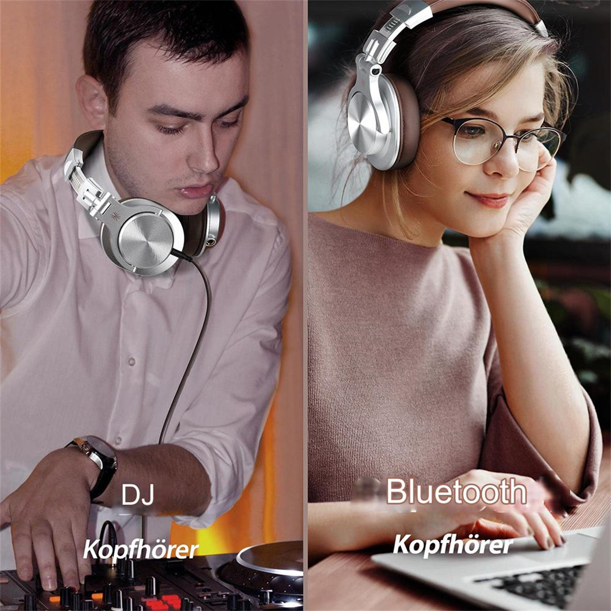 Zwei Personen mit Kopfhörern. Einer ist DJ. Der andere benutzt Bluetooth-Kopfhörer.
