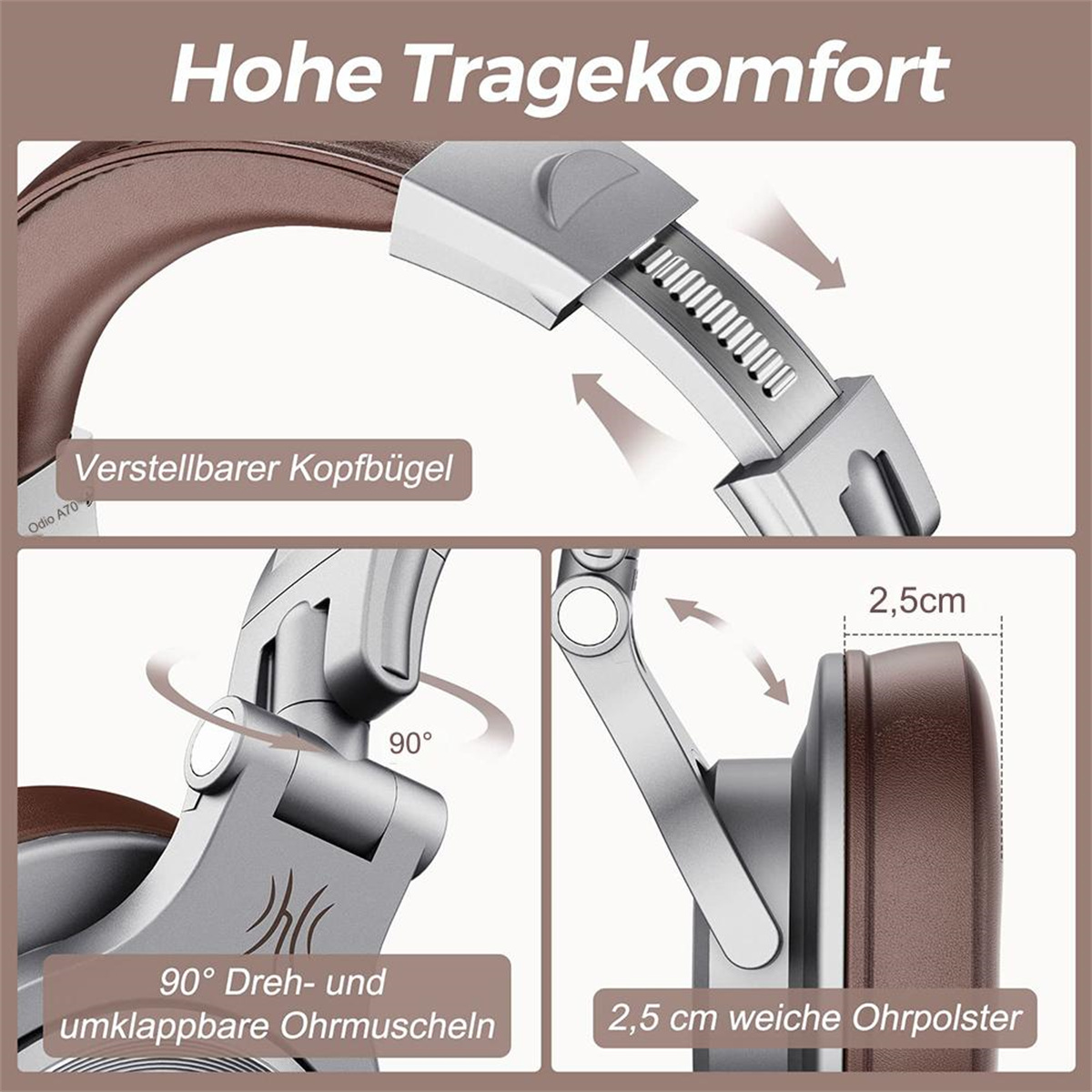 Nahaufnahme von Kopfhörerdetails: verstellbarer Kopfbügel, schwenkbare Ohrmuscheln und weiche Ohrpolster, alles in Braun und Grau.
