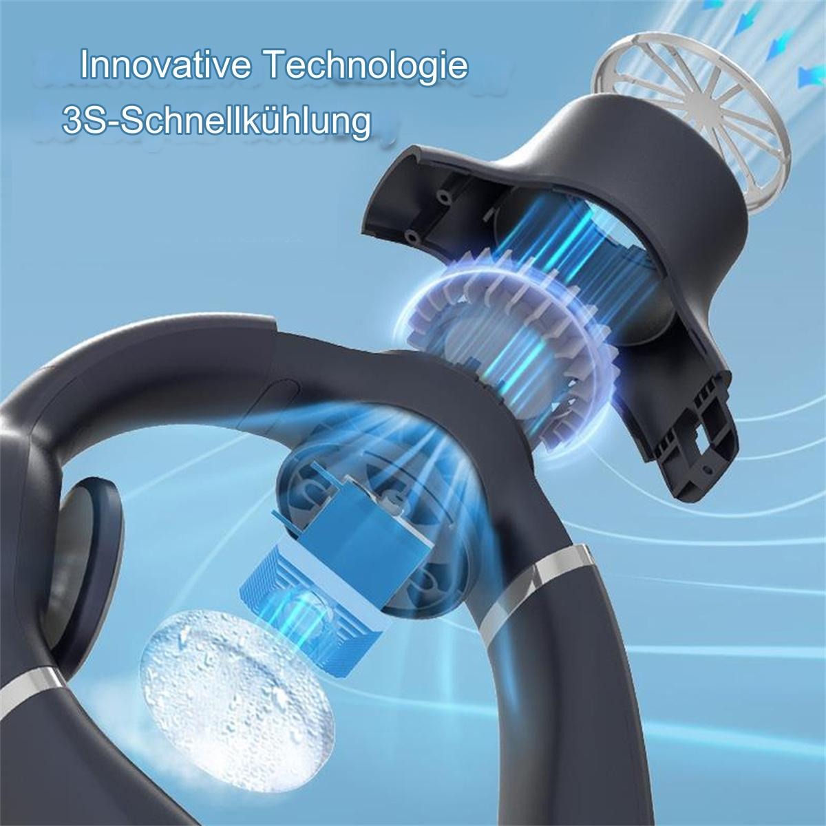 Ein Kühl-Nackenfächer mit sichtbaren internen Komponenten, blauen Akzenten und Text auf Deutsch: Innovative Technologie.