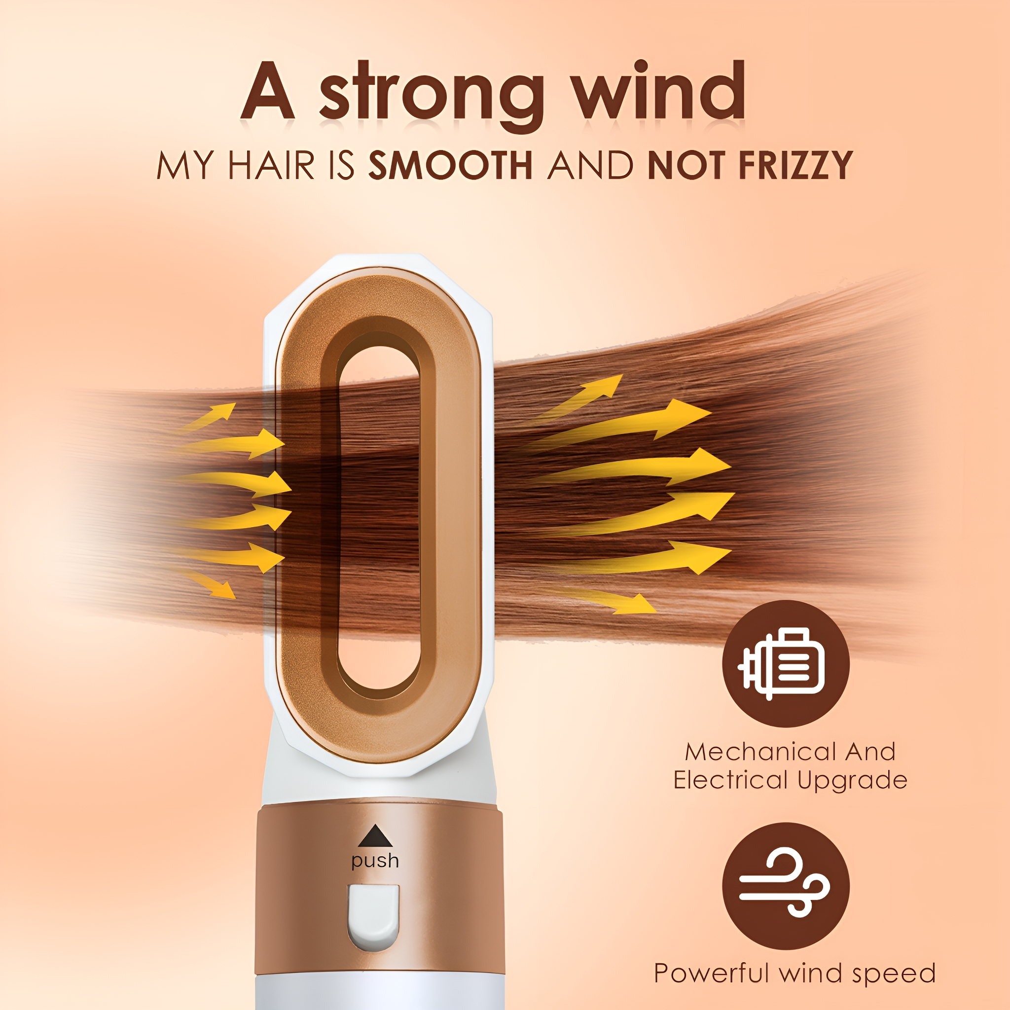 Ein Haarstyling-Gerät mit braunem Haar, das hindurchbläst. Text sagt 'Ein starker Wind' und 'Mein Haar ist glatt'.