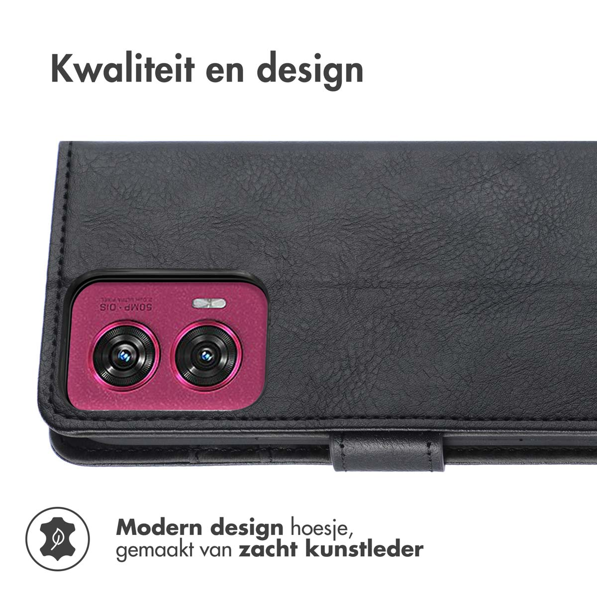 Zwart telefoonhoesje met twee camera's en tekst.