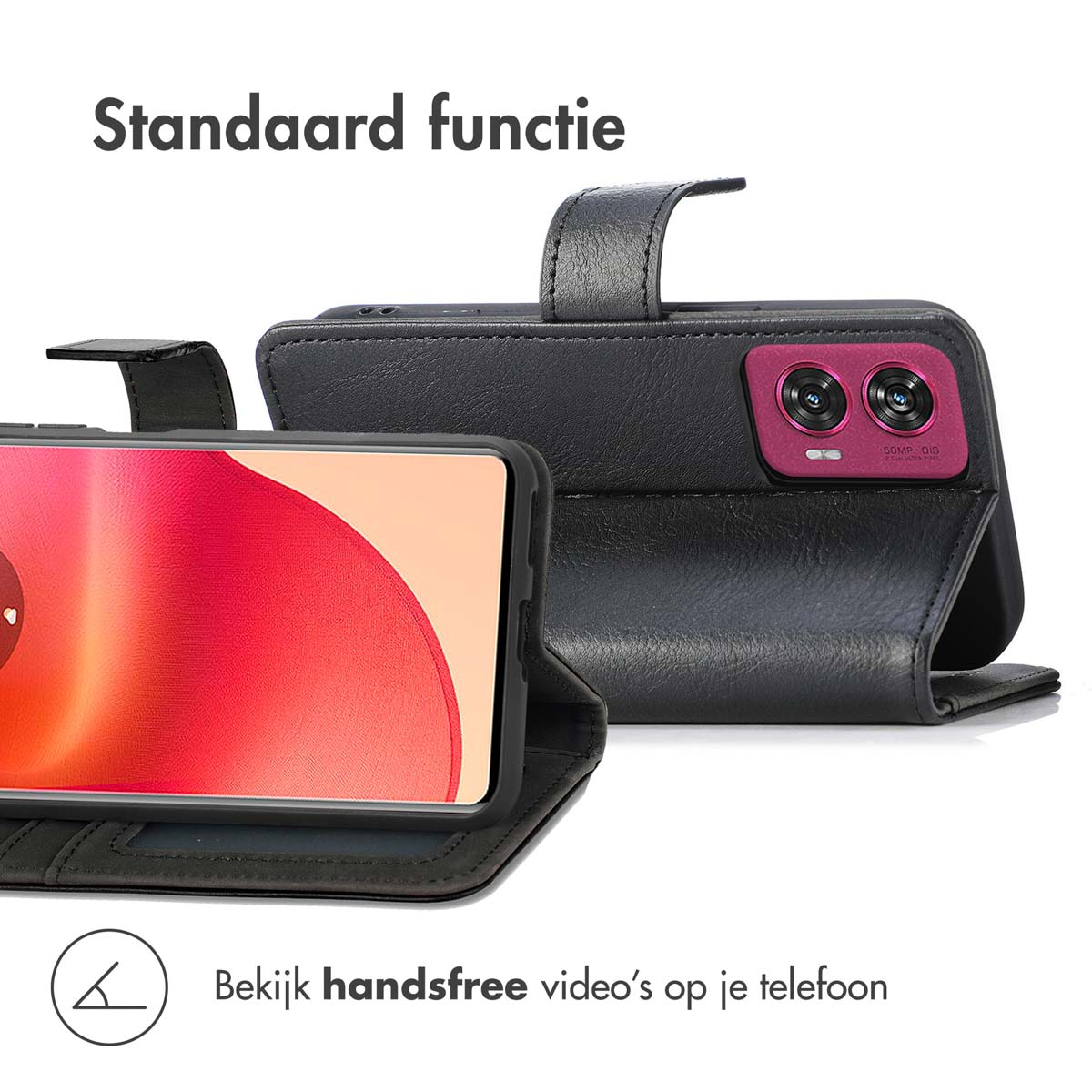 Een zwart telefoonhoesje met een telefoon rechtop, die video's toont.