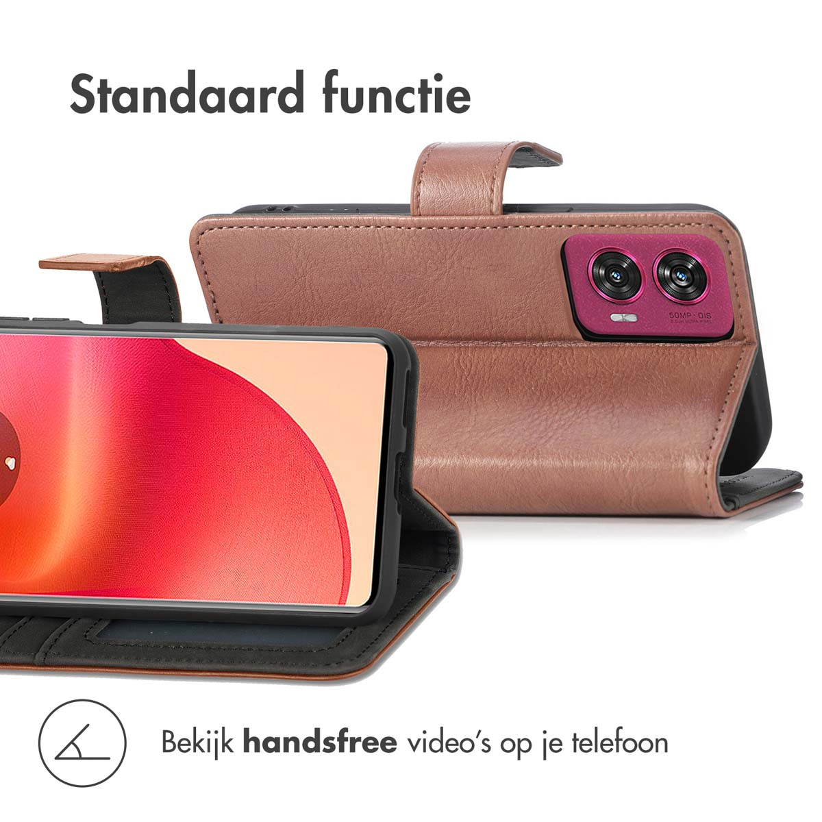 Étui de téléphone marron en mode support avec écran ouvert.