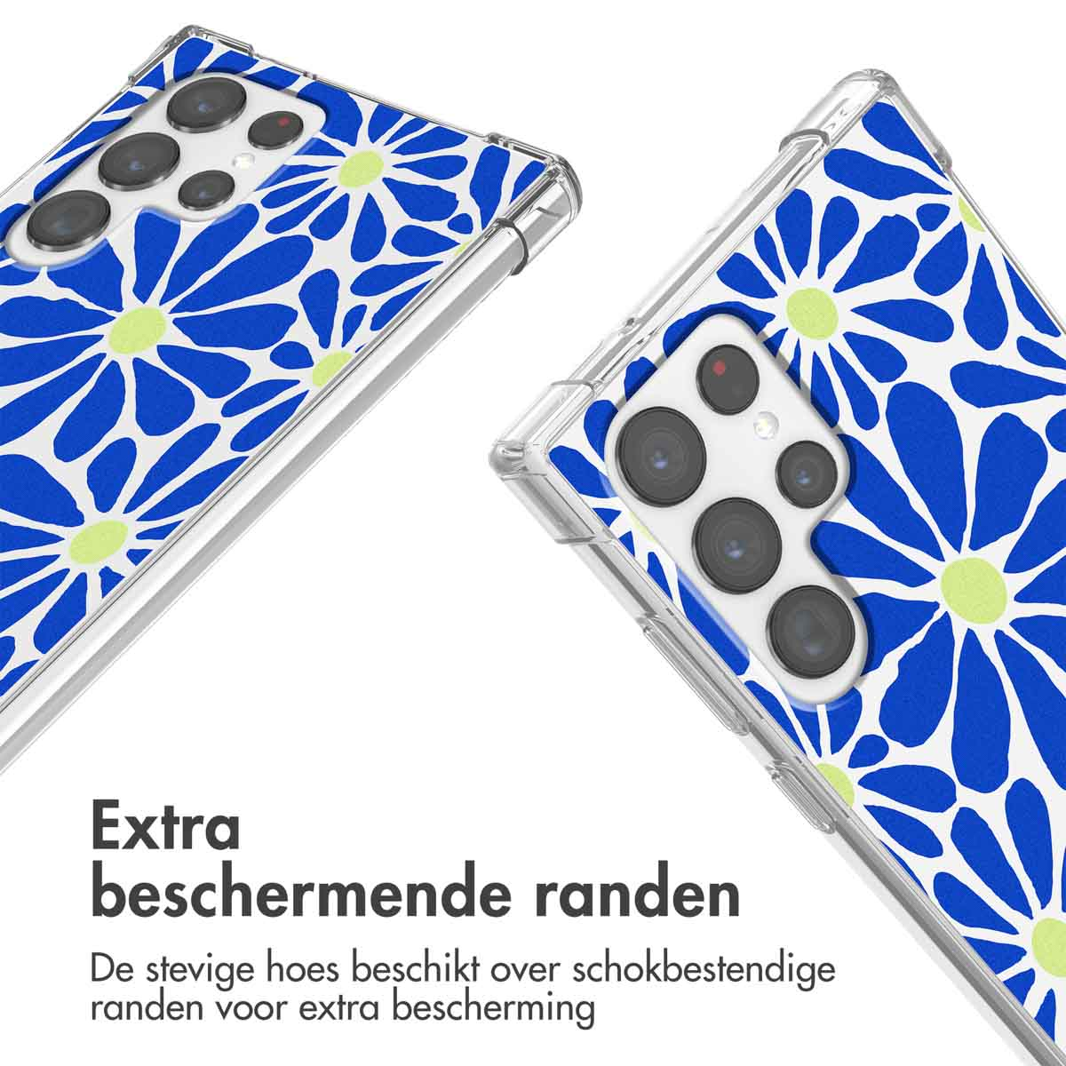 Twee doorzichtige telefoonhoesjes met blauw-geel bloemenpatroon op witte achtergrond.