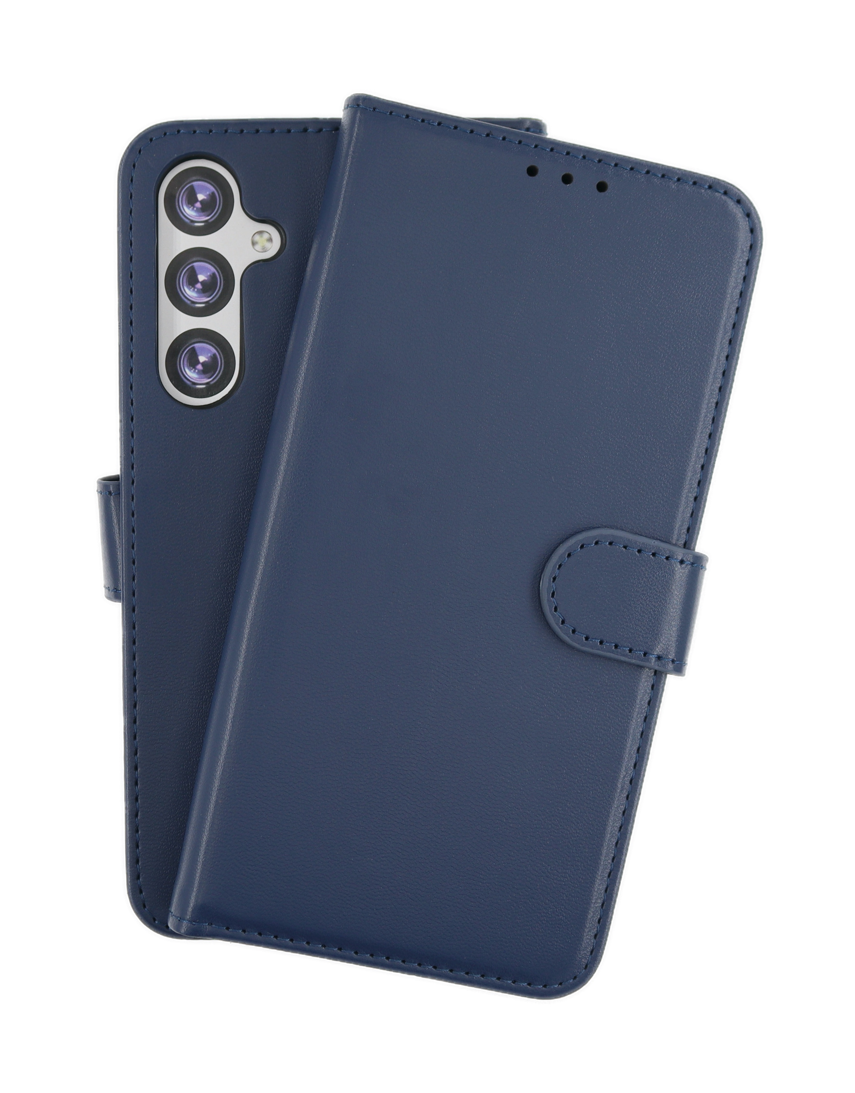 Blaue Handyhülle mit einem Telefon. Das Telefon hat drei Rückkameras, die Hülle einen Magnetverschluss.