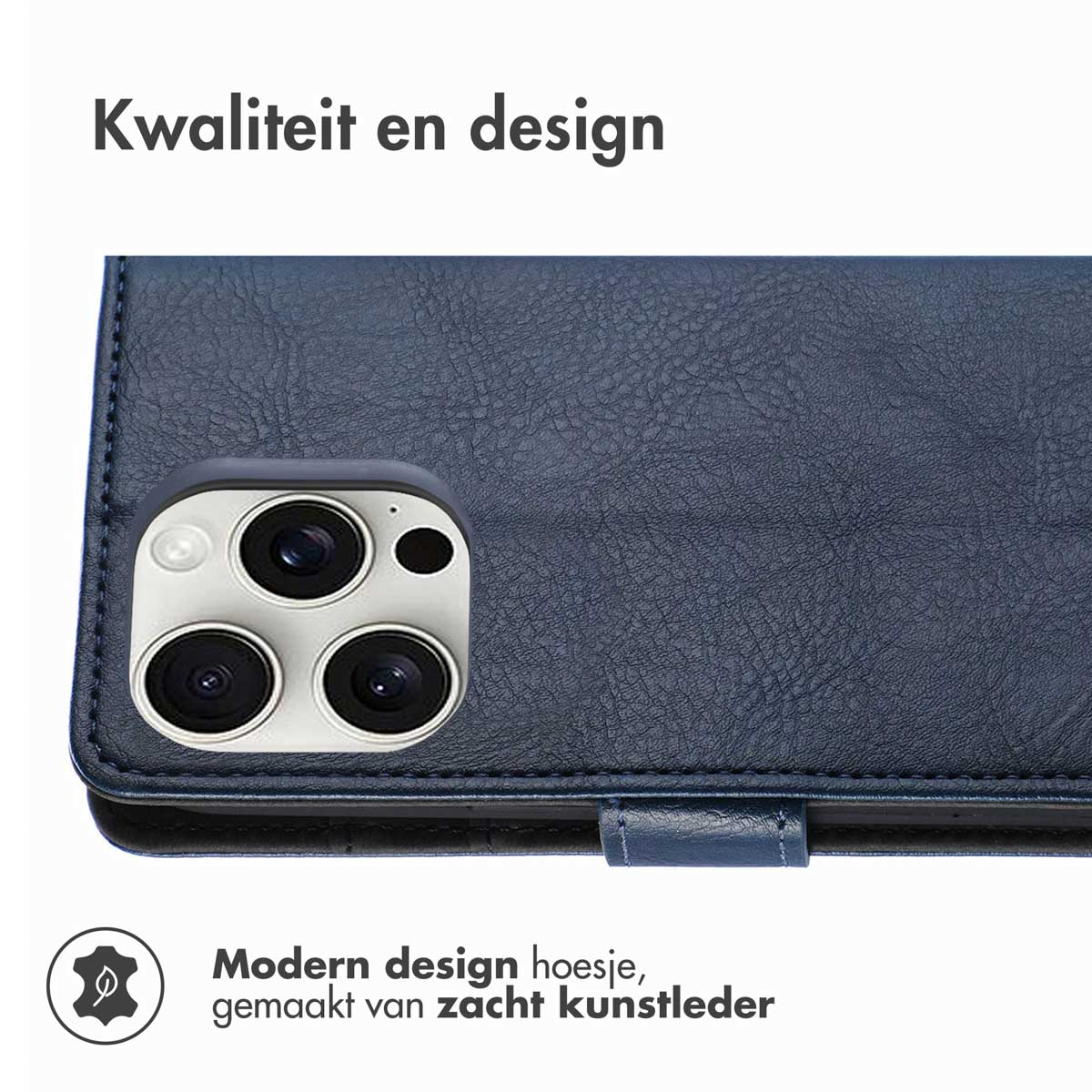 Donkerblauw telefoonhoesje van kunstleer met cameramodule