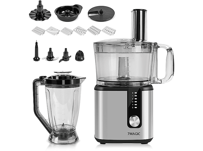 7MAGIC Küchenmaschine 9 in 1 Multifunktional Food Processor 750W Kompaktküchenmaschine silber (Rührschüsselkapazität: 1,2 l, 750 Watt)
