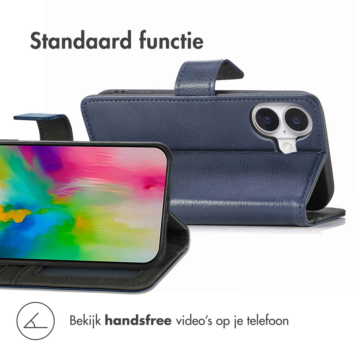 Ein blaues Leder-Flip-Case für ein Smartphone, das als Ständer dient.