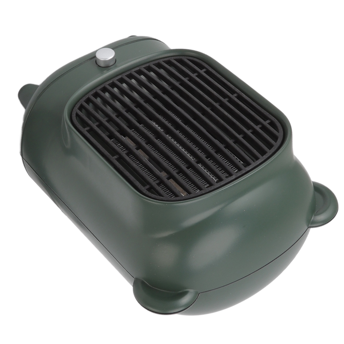 Draufsicht auf eine dunkelgrüne tragbare Heizung mit Grill und abgerundetem Design.