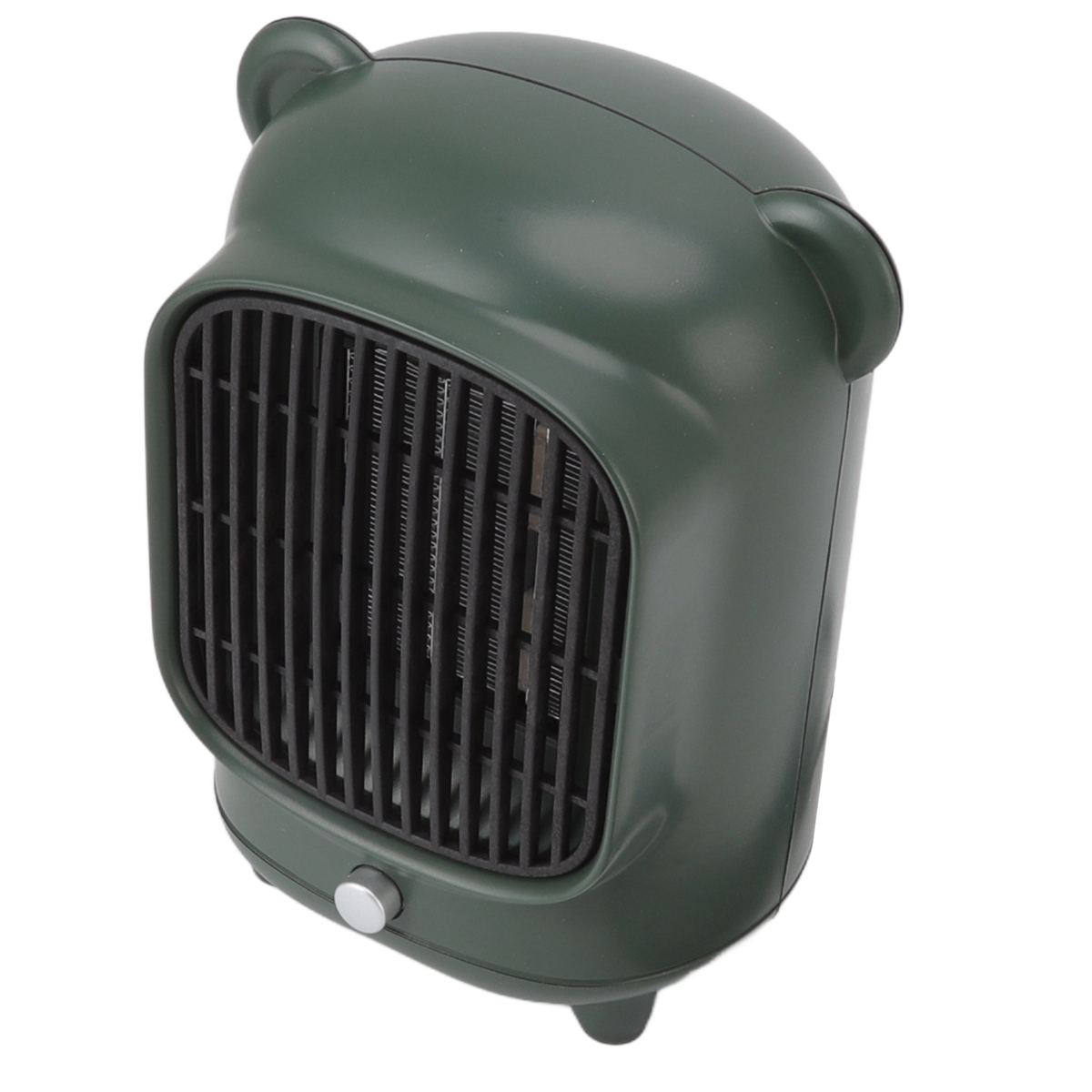 Grüner, bärenförmiger Heizlüfter mit Grill und Drehknopf, auf weißem Grund.