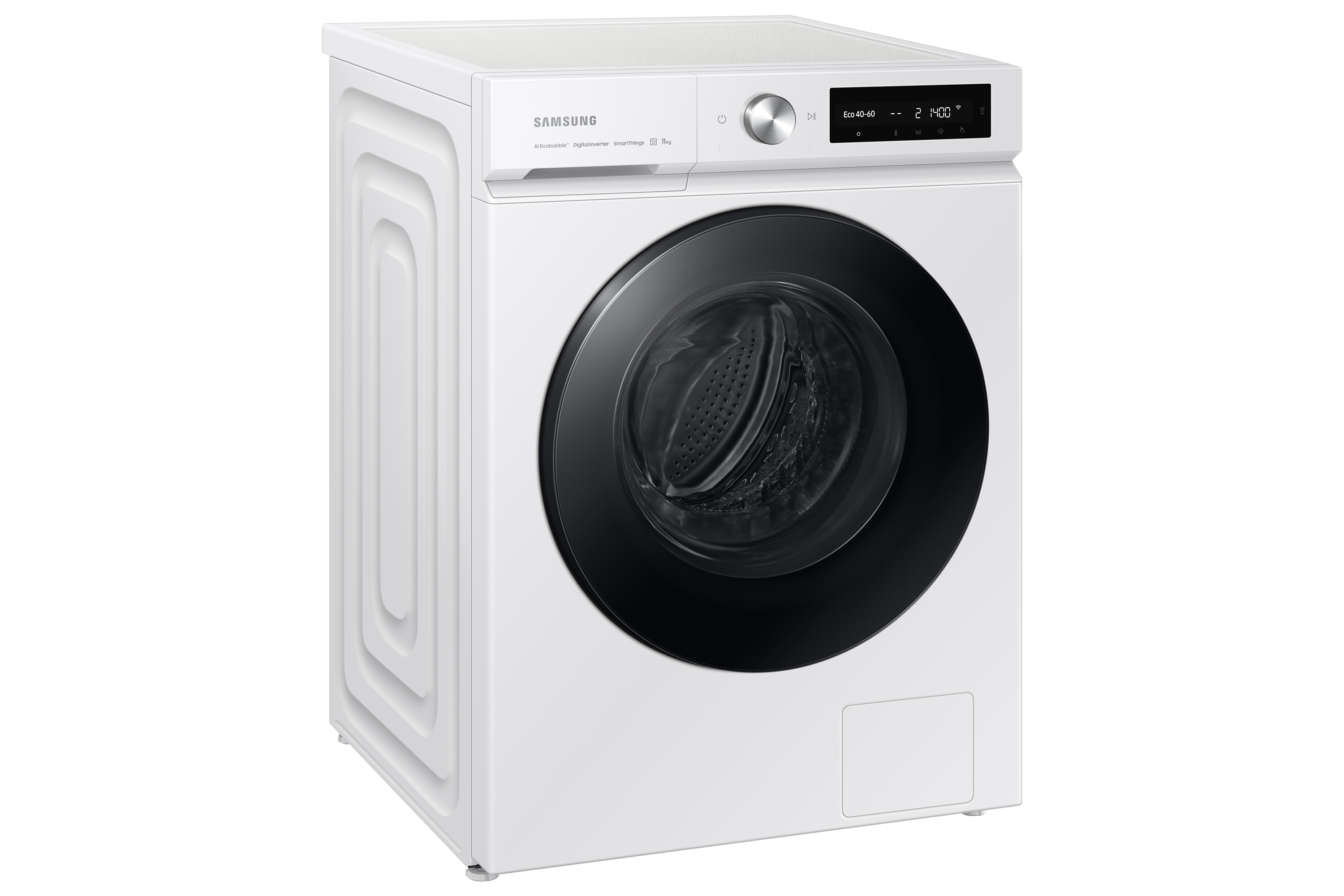 Una lavadora blanca con puerta negra y pantalla digital. Está en ángulo hacia la derecha sobre una superficie blanca.