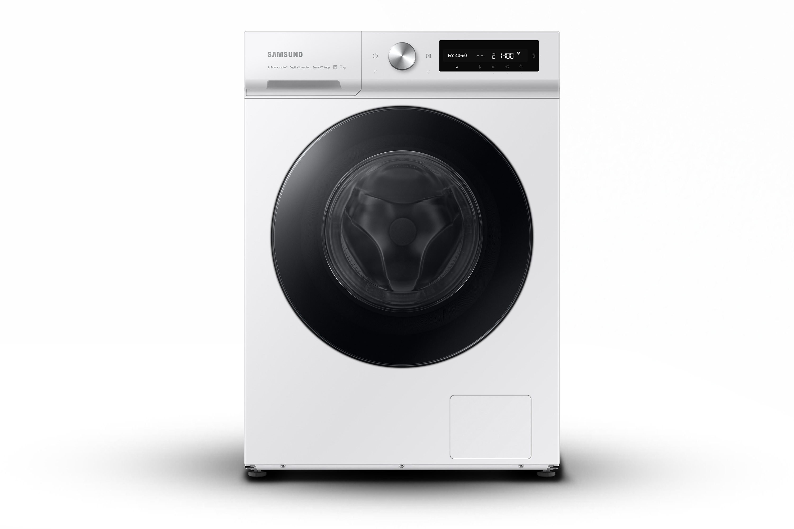 Lavadora Samsung blanca con puerta negra, fondo blanco.