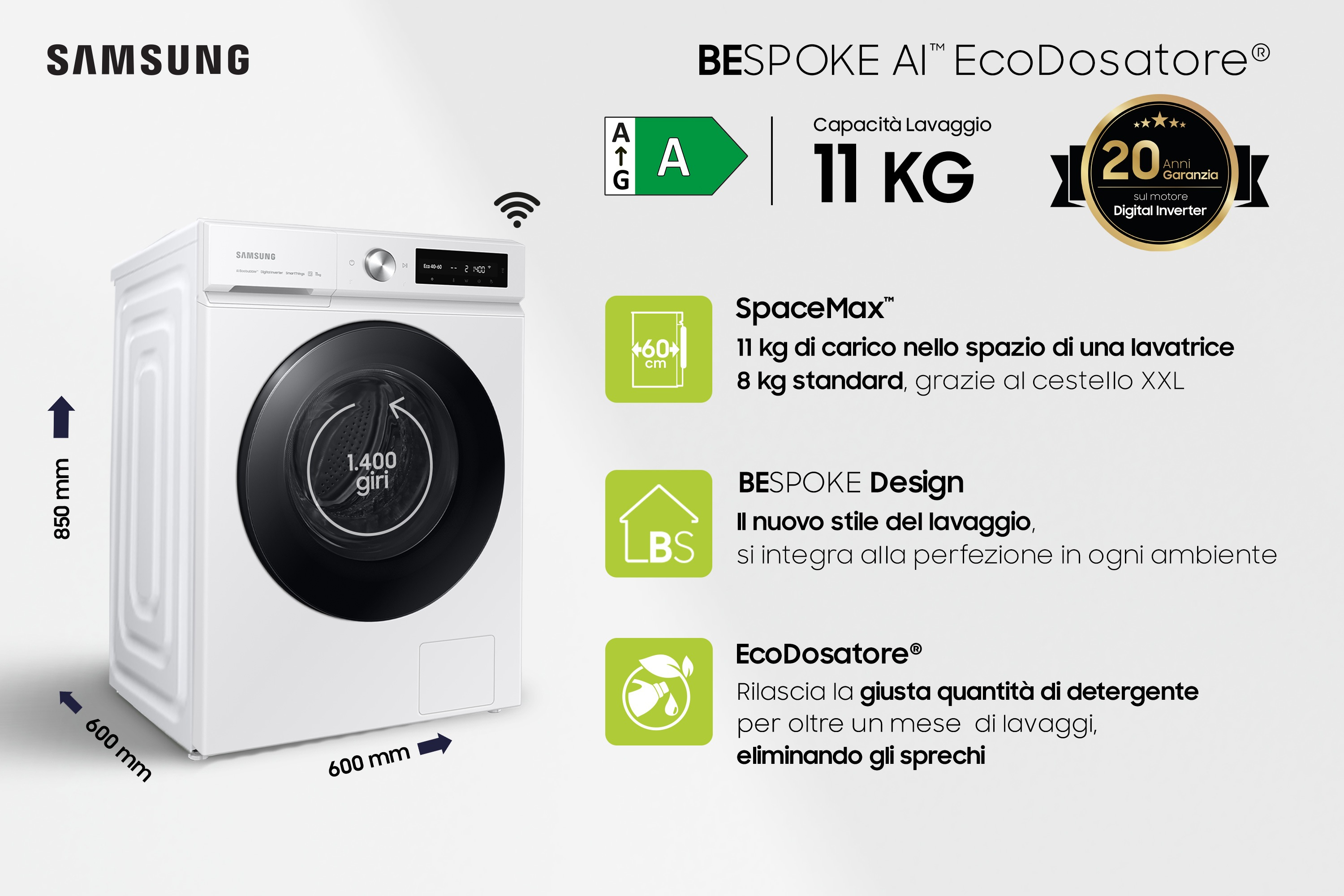 Una lavadora Samsung blanca, con etiquetas de texto e iconos, sobre un fondo blanco.
