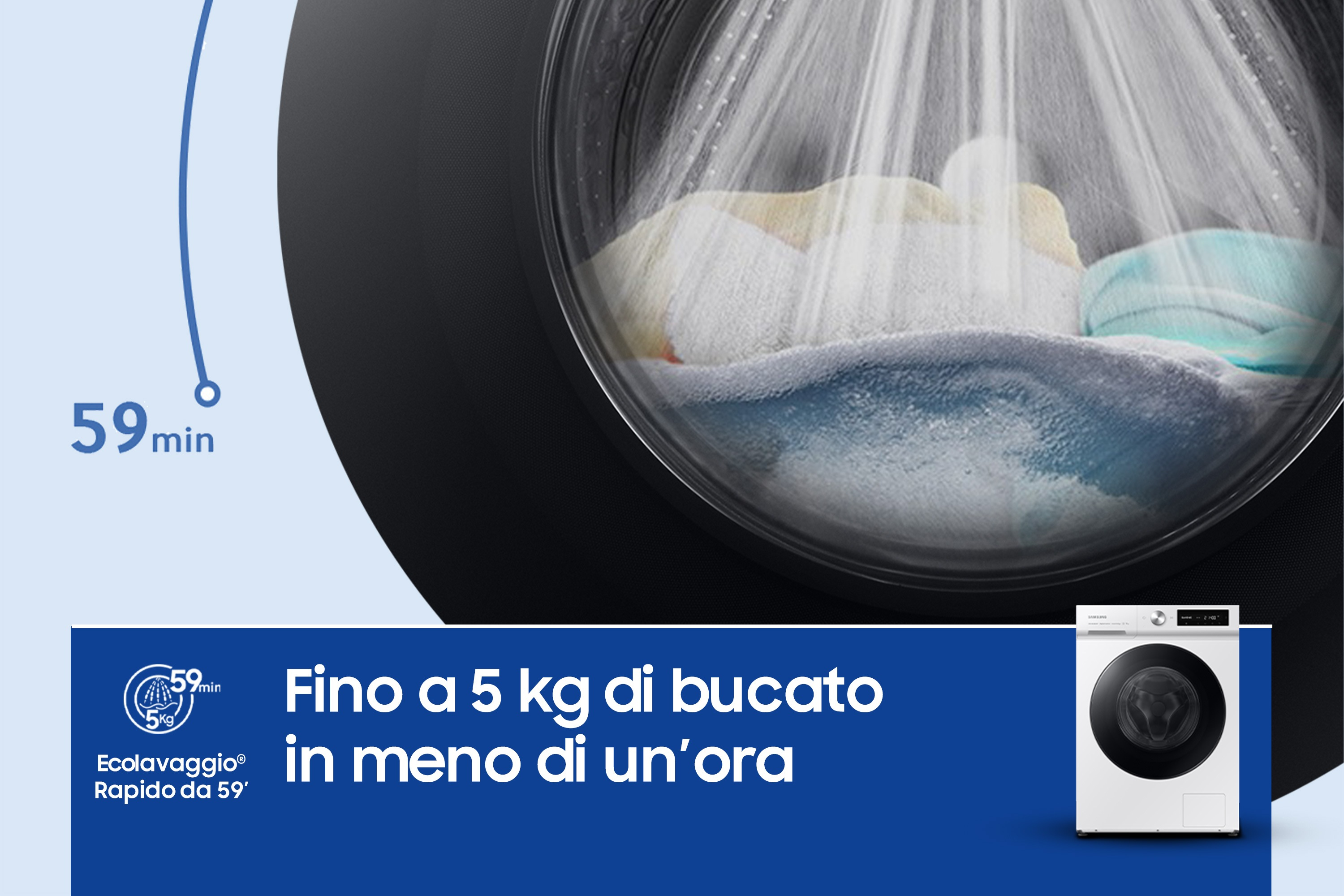 Lavadora con vapor. Ropa dentro. El tiempo es de 59 minutos.