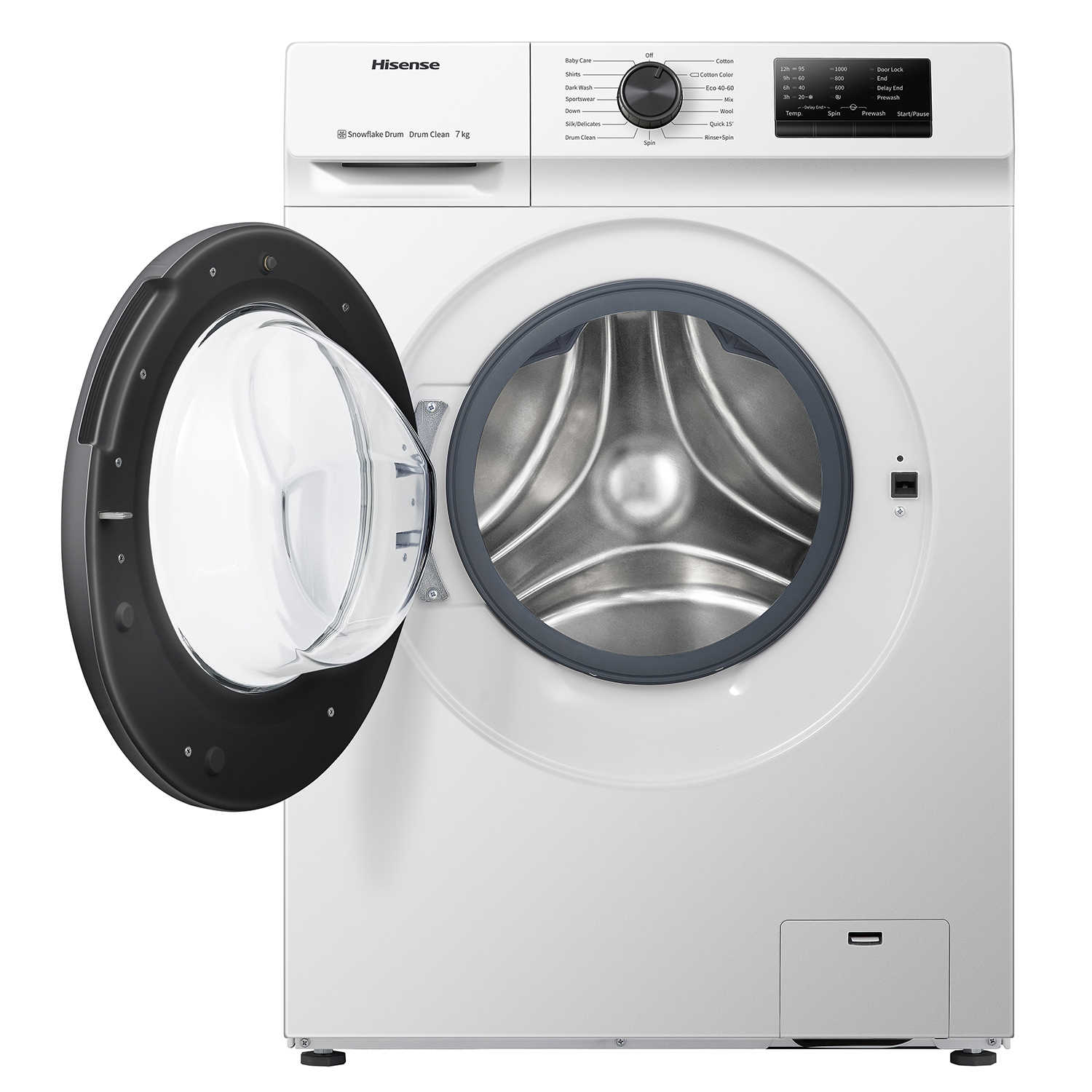 Lavadora Hisense blanca con puerta abierta y panel de control.