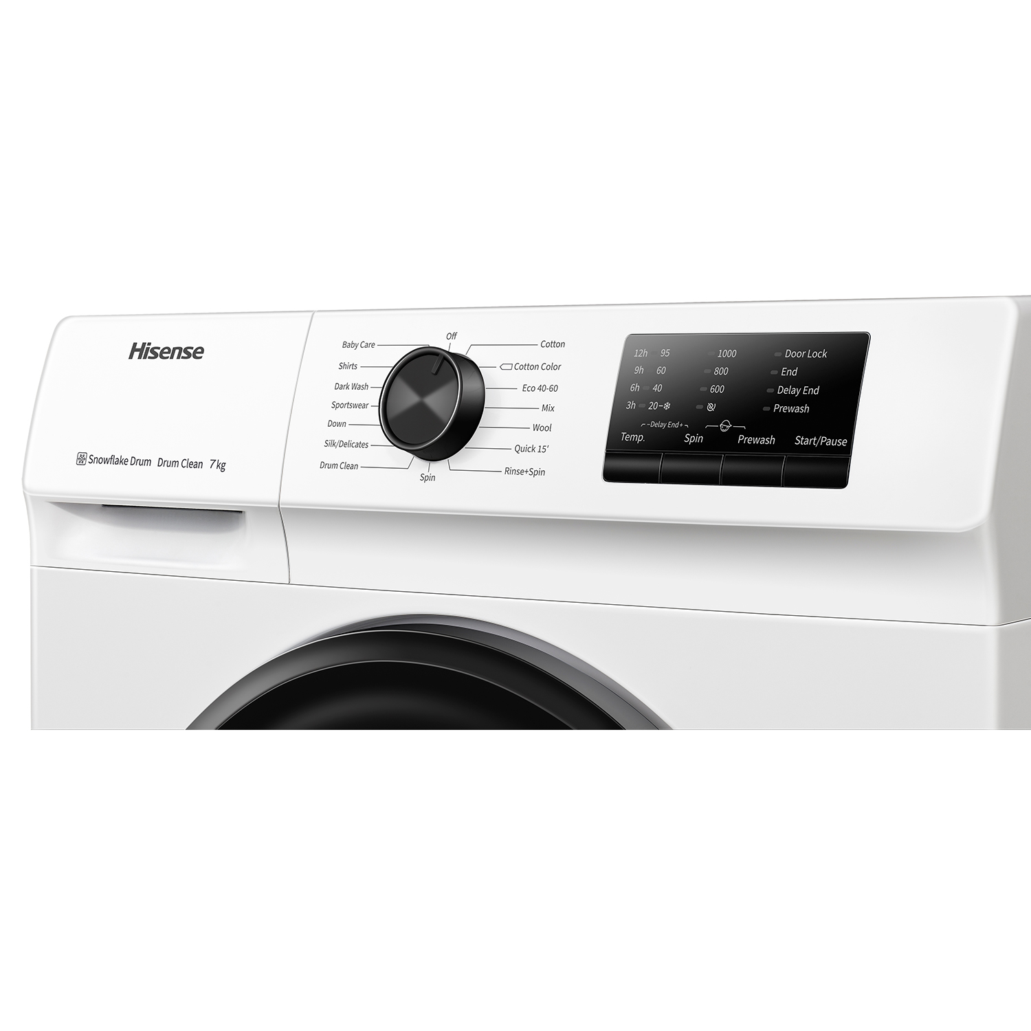 Primer plano de un panel de control de lavadora blanca con un dial negro.