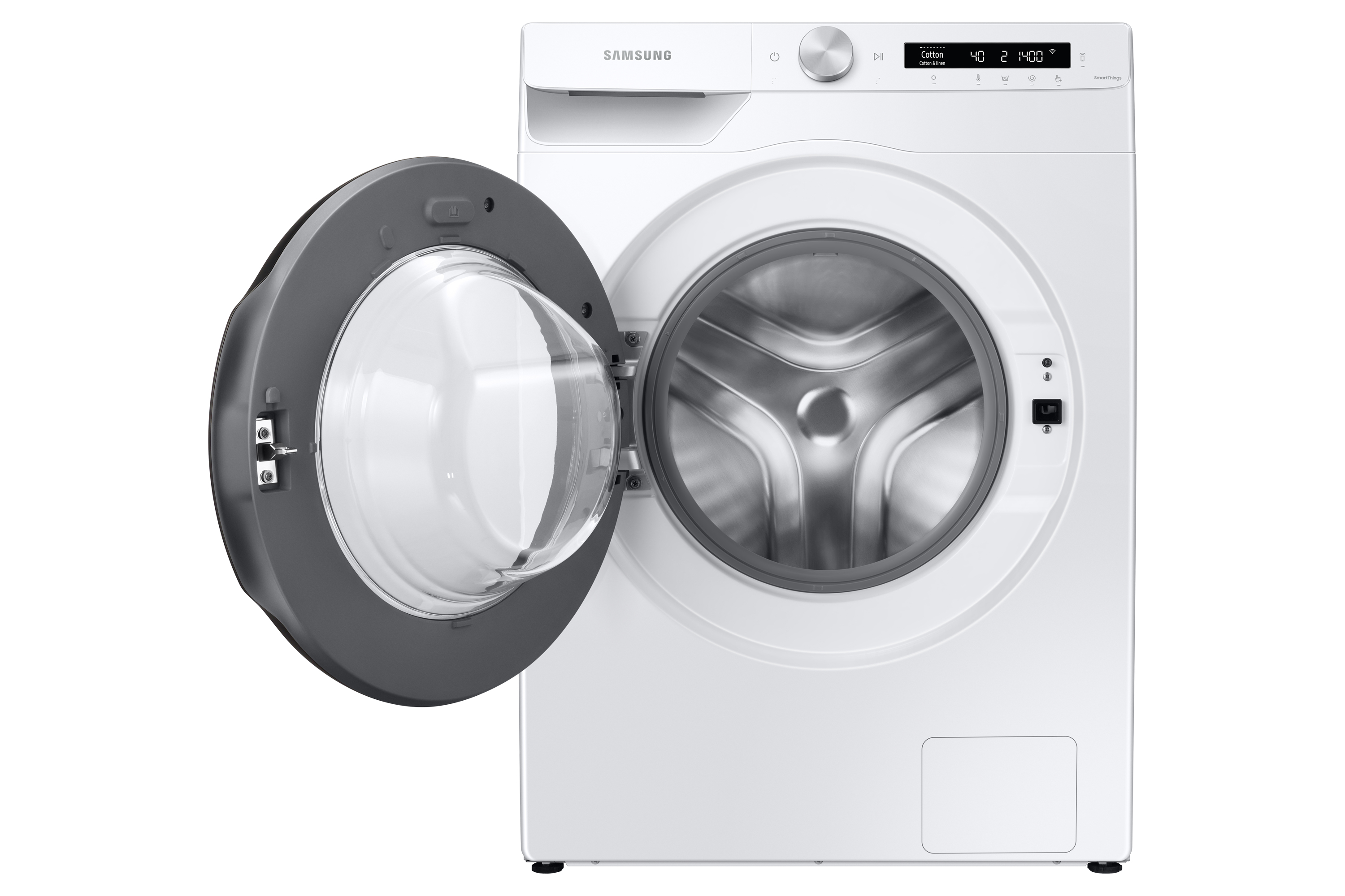 Witte Samsung wasmachine met open deur. Bedieningselementen zijn zichtbaar.