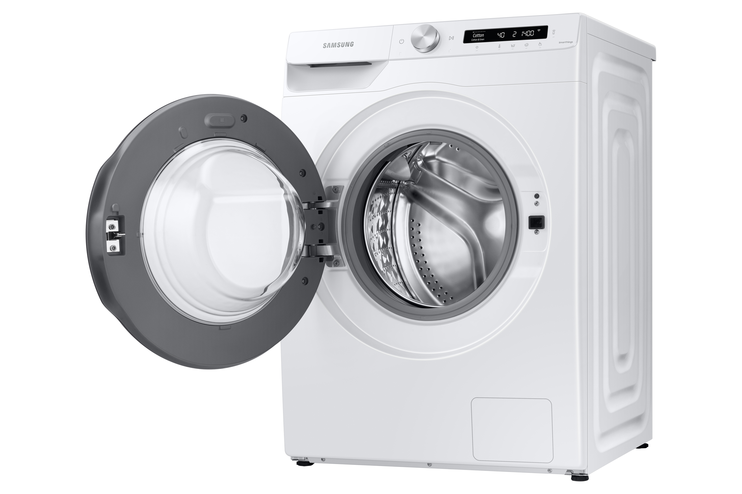 Witte wasmachine met open deur.