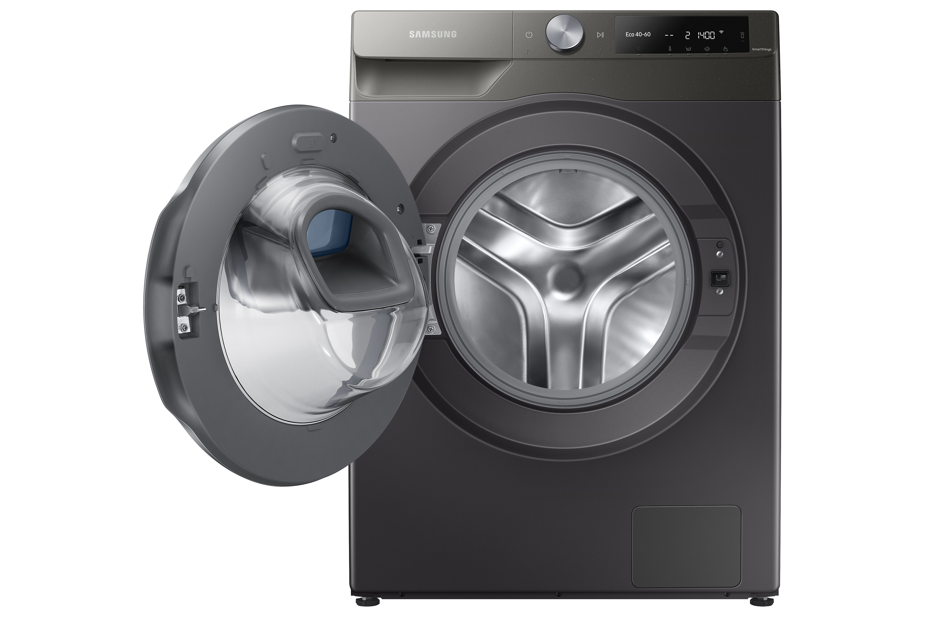Lavatrice con porta aperta. Grigio scuro, interno bianco. Logo Samsung visibile.