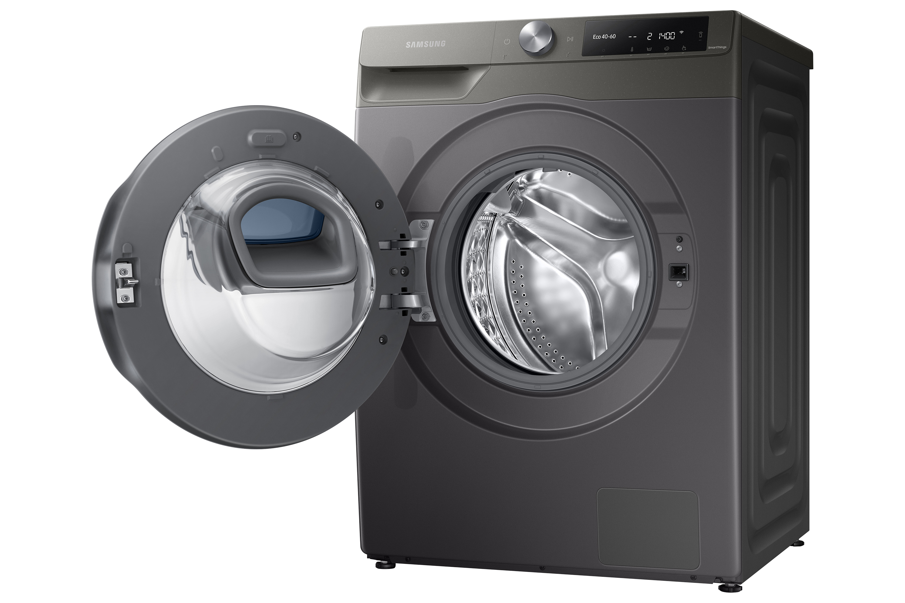Lavatrice Samsung grigio scuro con porta aperta, che rivela il cestello. La macchina è su sfondo bianco.