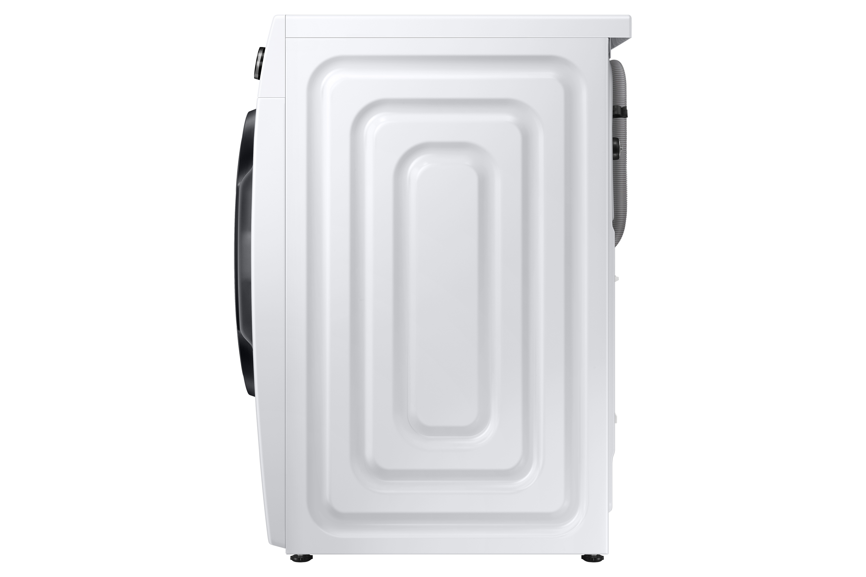 Witte wasmachine, zijaanzicht. Glad, wit oppervlak met rechthoekig patroon.
