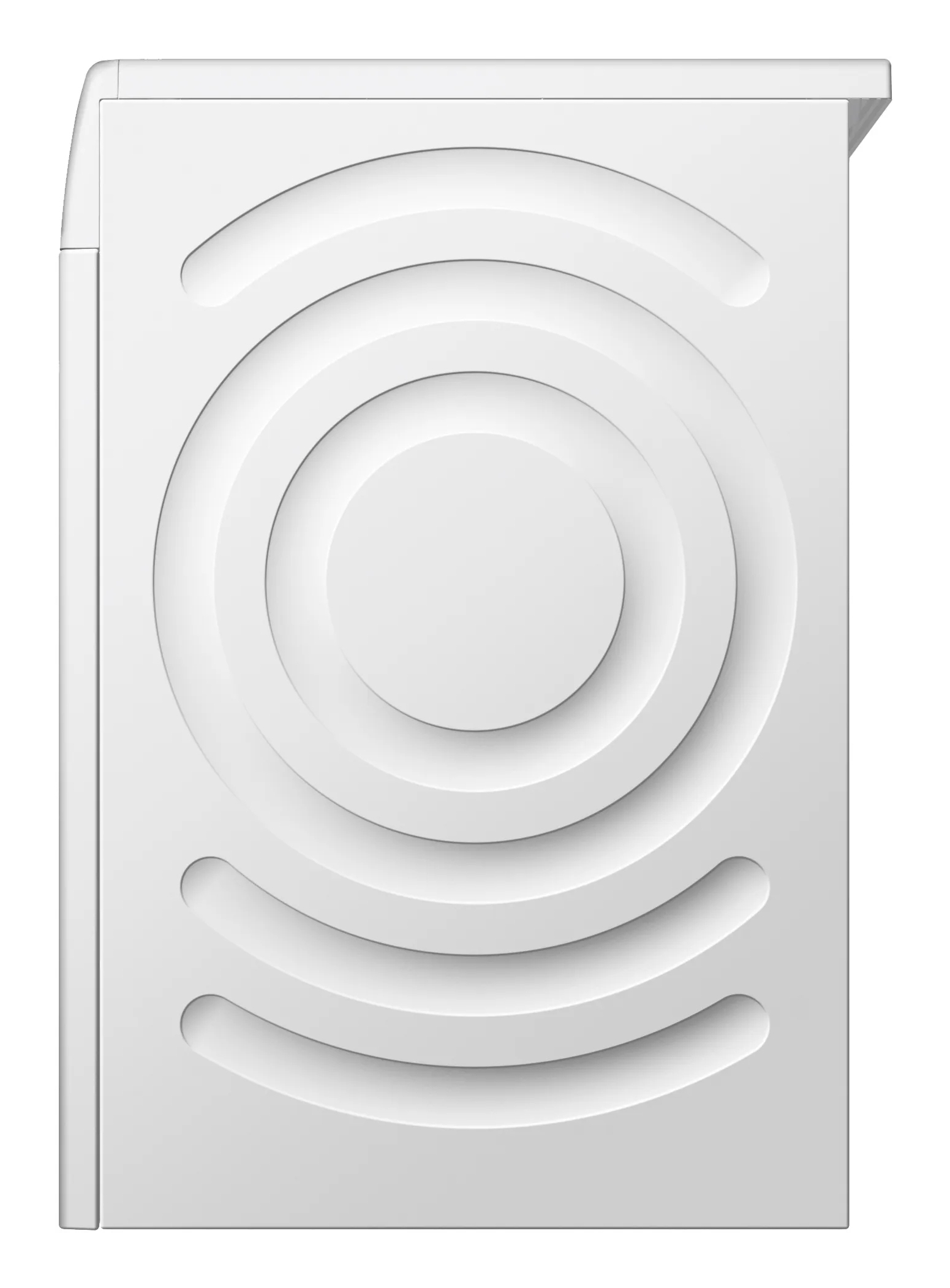 Białe drzwi pralki z koncentrycznymi okręgami i zakrzywionymi liniami.