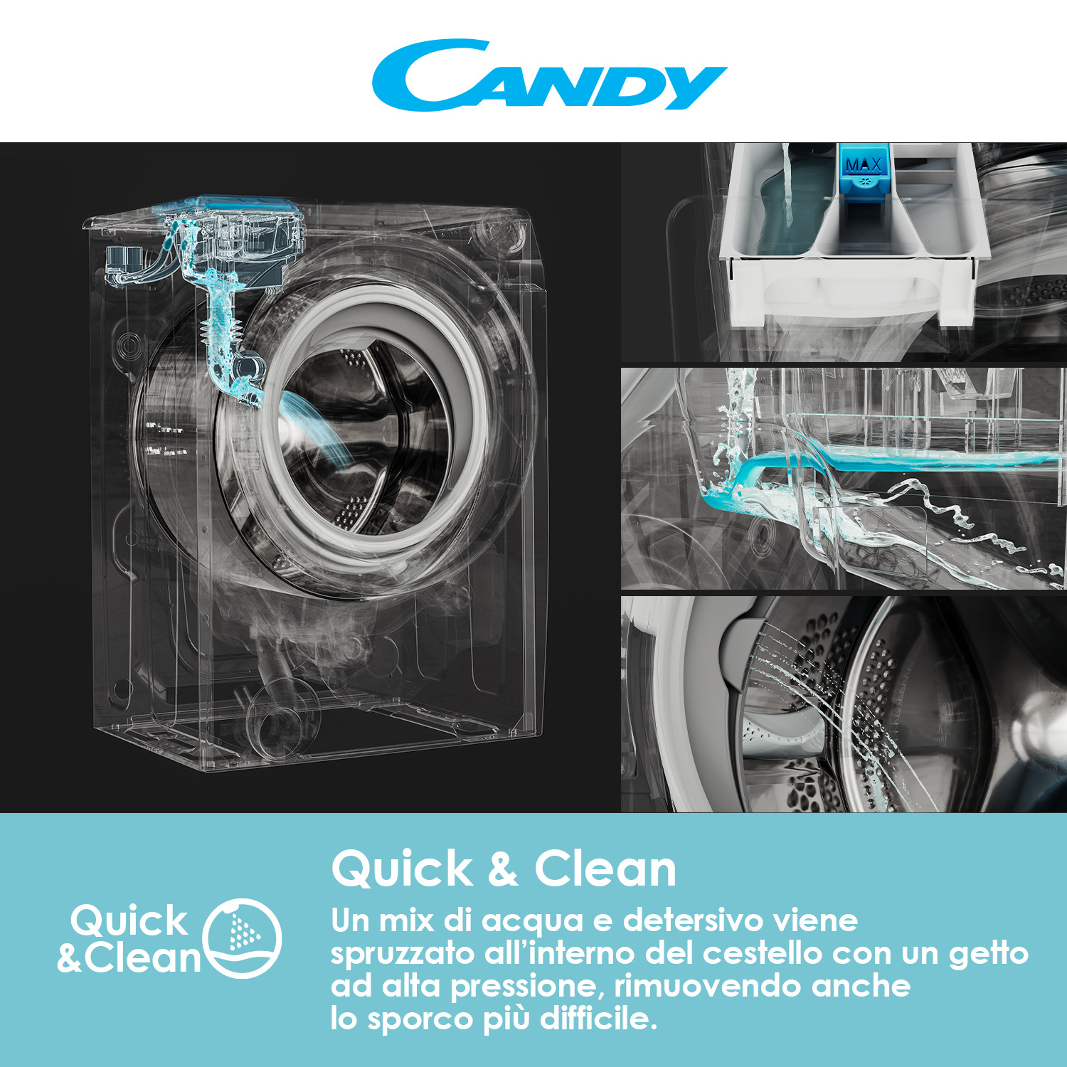 Una lavatrice trasparente mostra l'acqua che spruzza all'interno e il cassetto del detersivo.