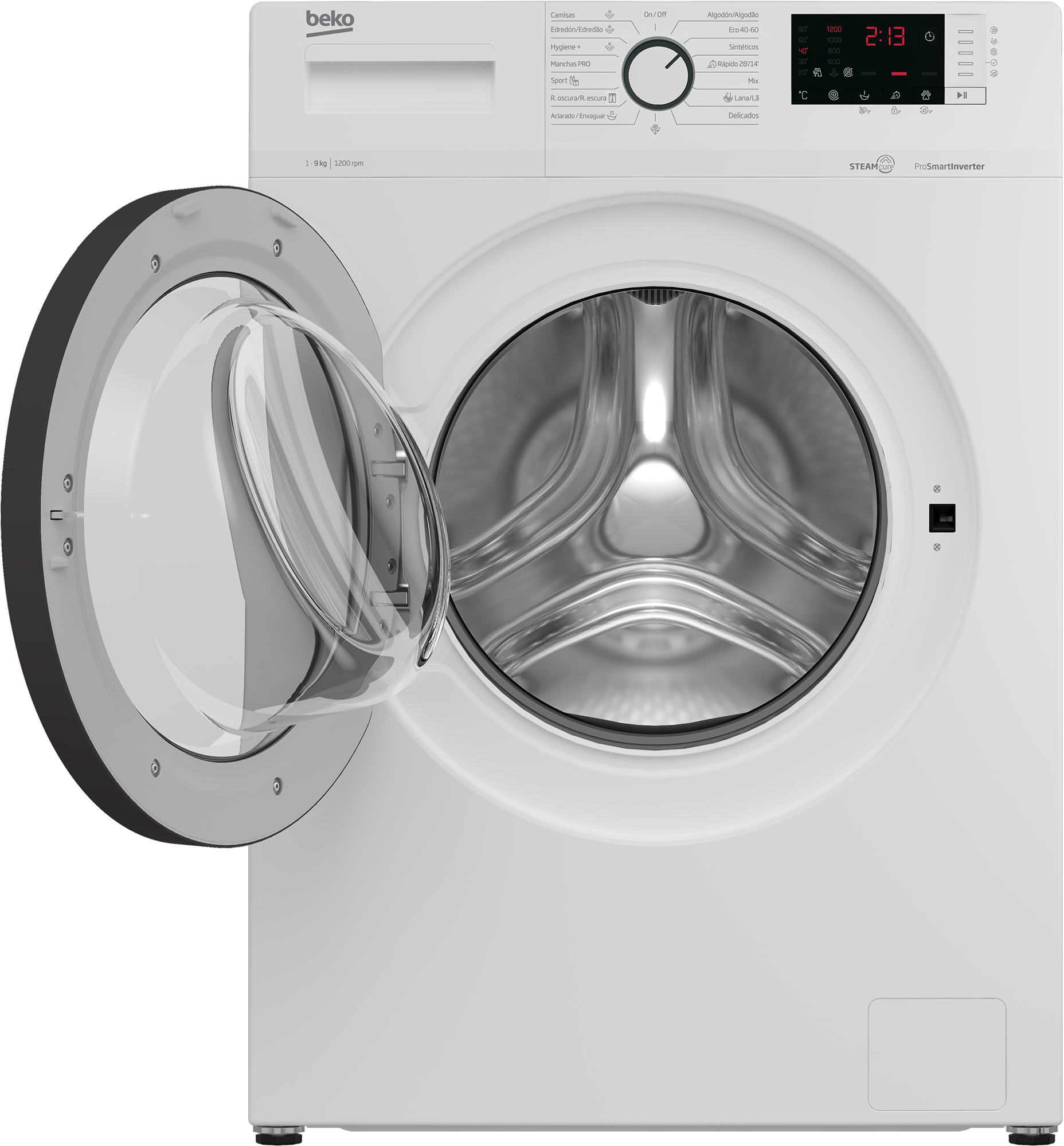 Lavadora Beko blanca con la puerta abierta. El panel de control y el tambor son visibles.