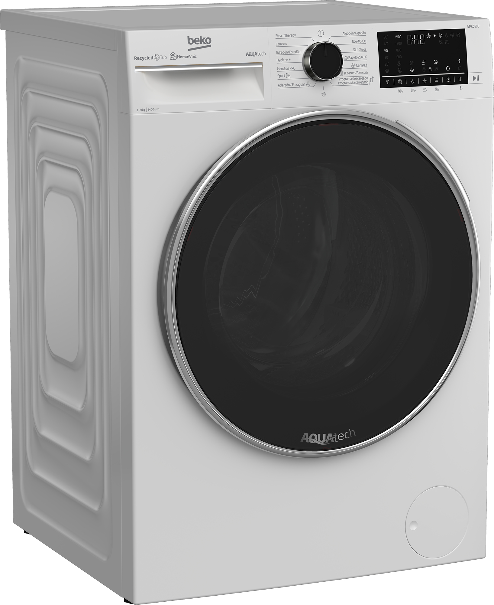 Lavadora blanca, marca Beko, vista frontal, puerta cerrada, panel de control, fondo blanco.