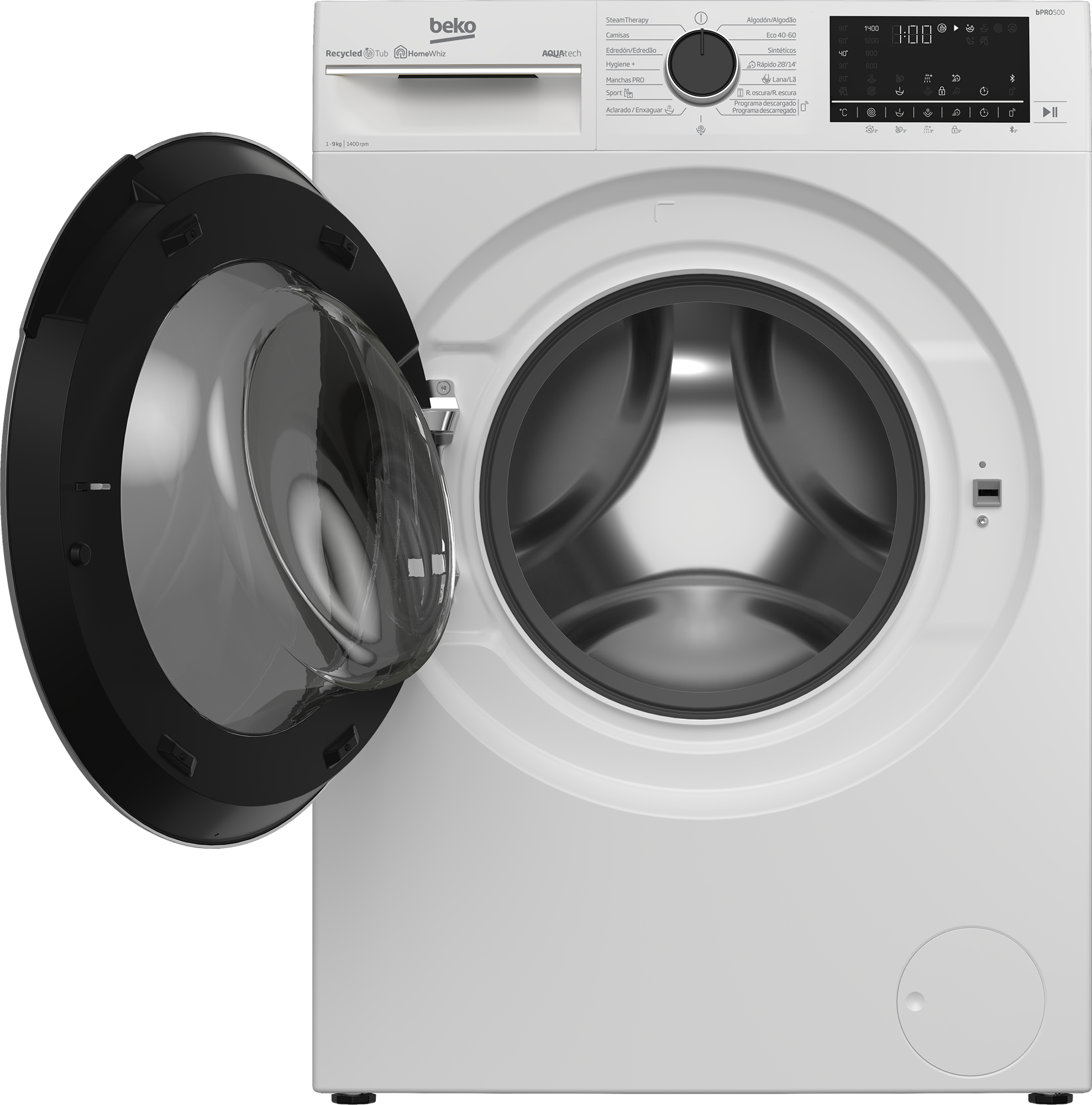 Una lavadora Beko blanca con la puerta abierta. Tiene panel de control y cajón de detergente.