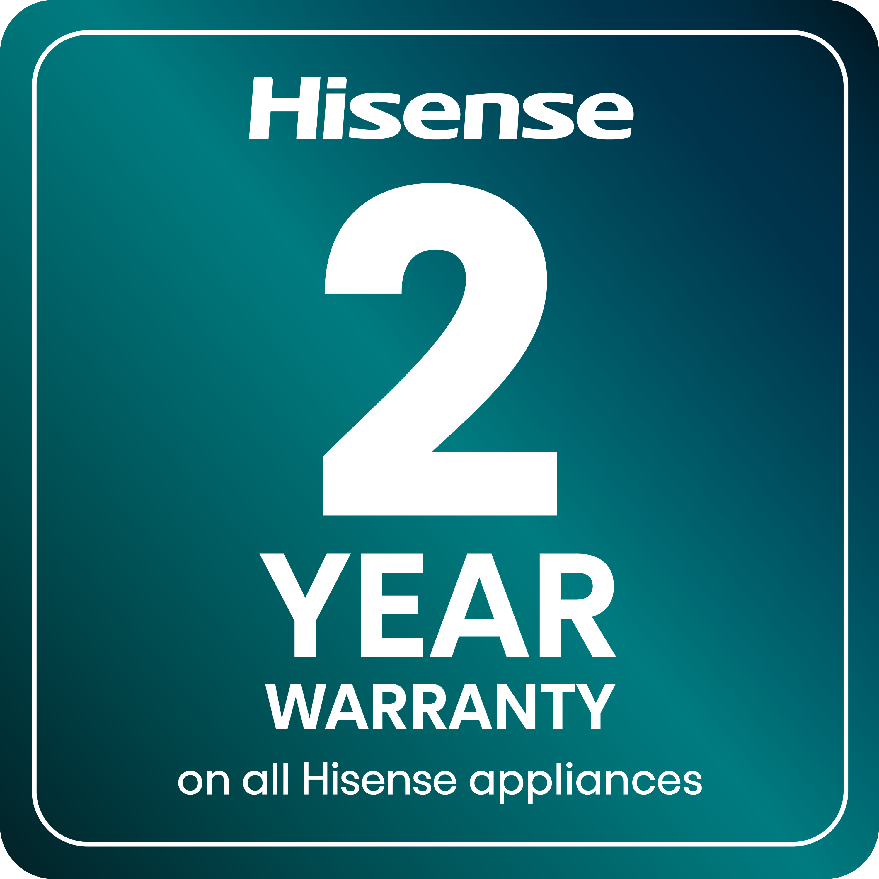 Logotipo de garantía de 2 años de Hisense. Texto blanco sobre fondo cuadrado verde azulado.