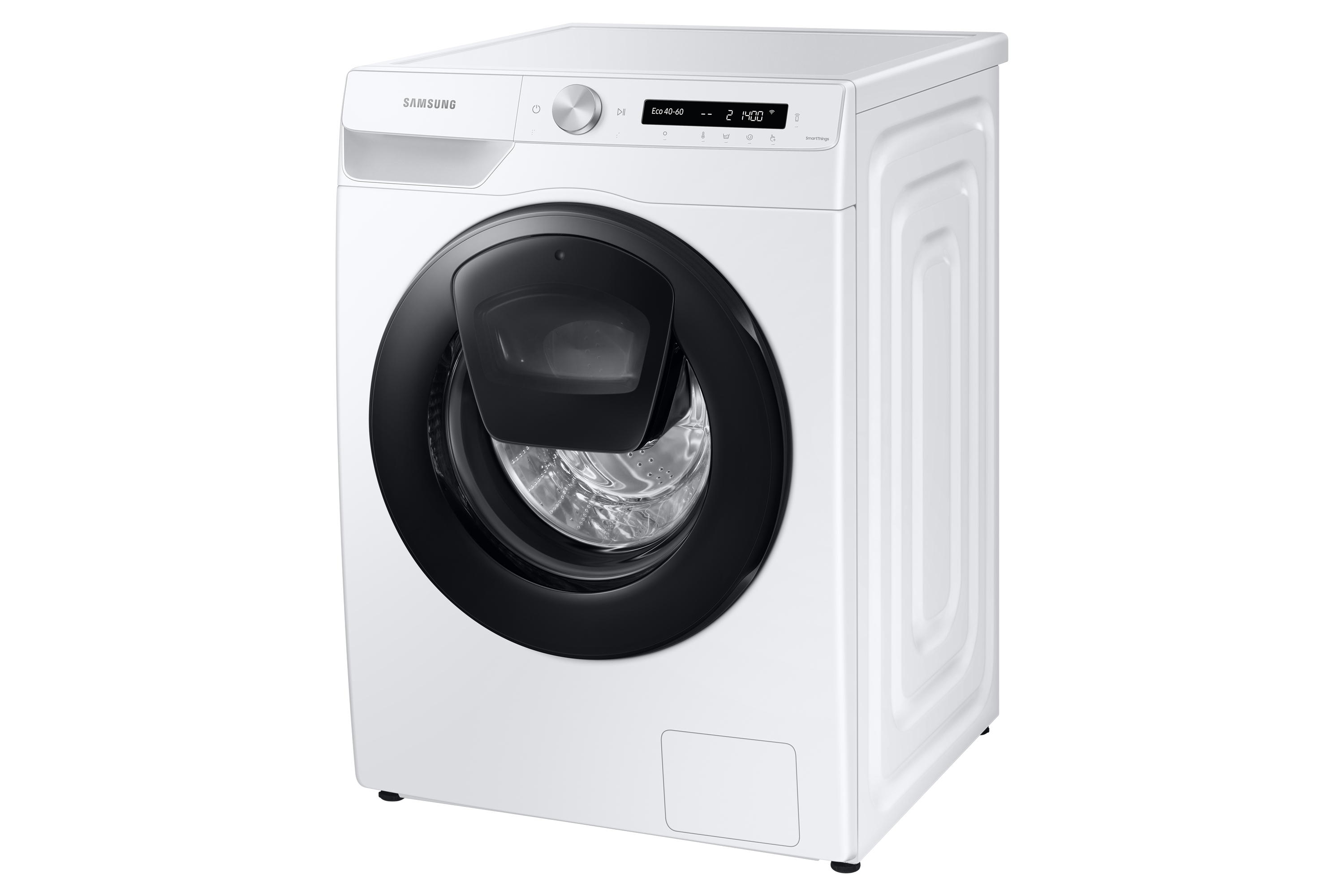 Eine weiße Samsung Waschmaschine mit schwarzer Tür und Bedienfeld auf Weiß.