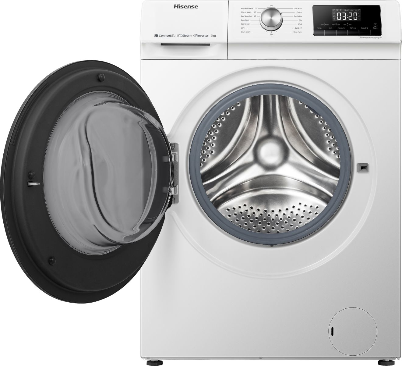 Lavatrice bianca con porta nera aperta, comandi e display digitale. Il marchio è 'Hisense'.