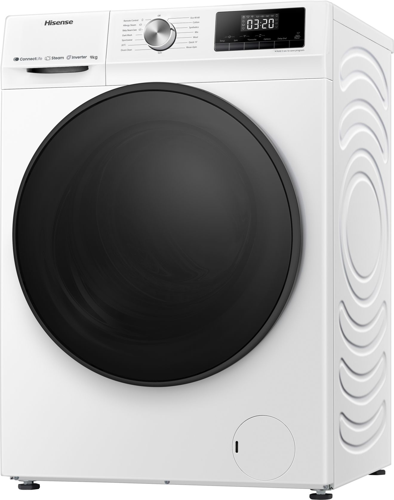 Una lavatrice Hisense bianca con porta nera e display digitale.