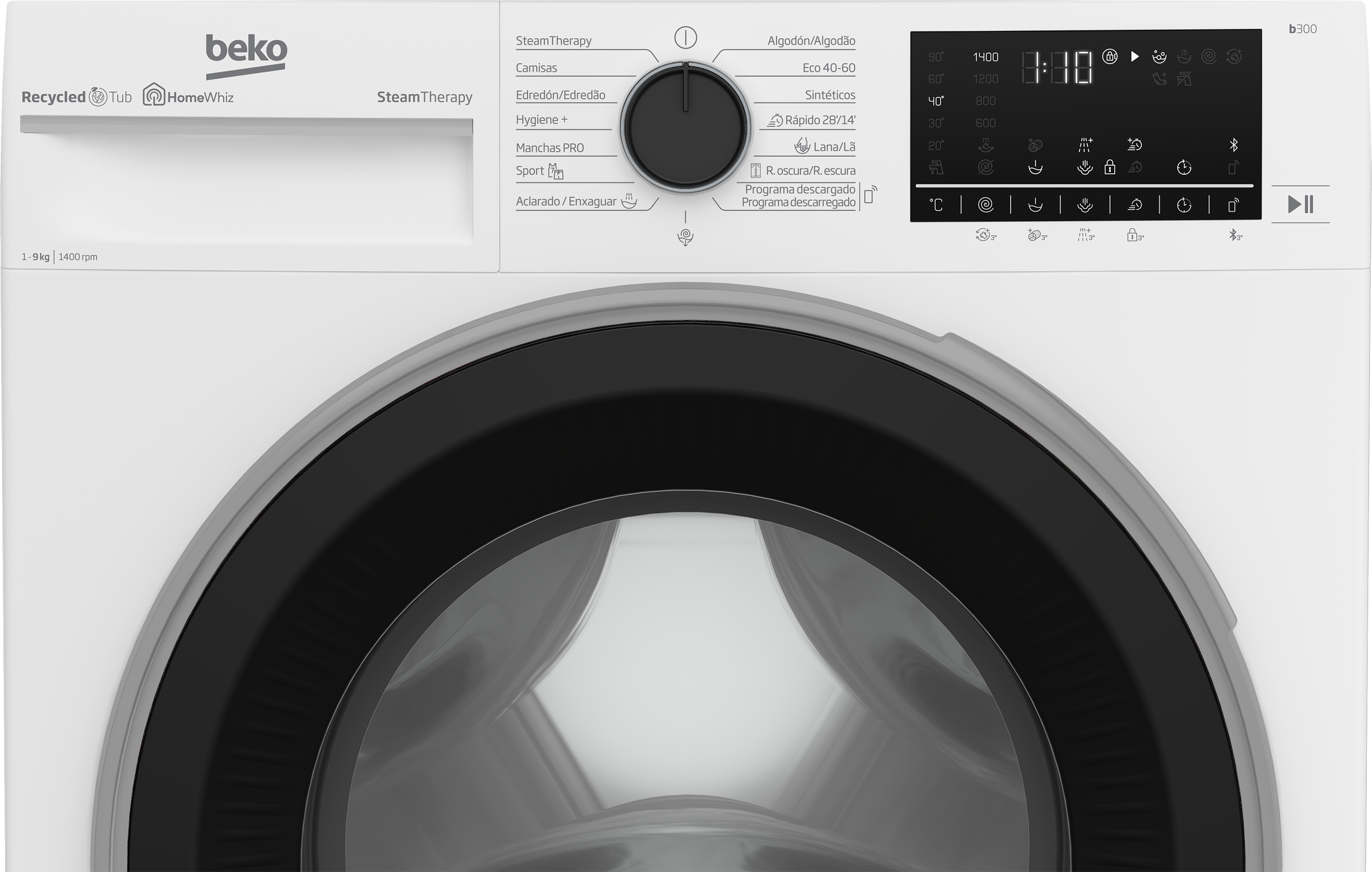 Una lavatrice Beko bianca. L'oblò è nero e il pannello di controllo è in alto.