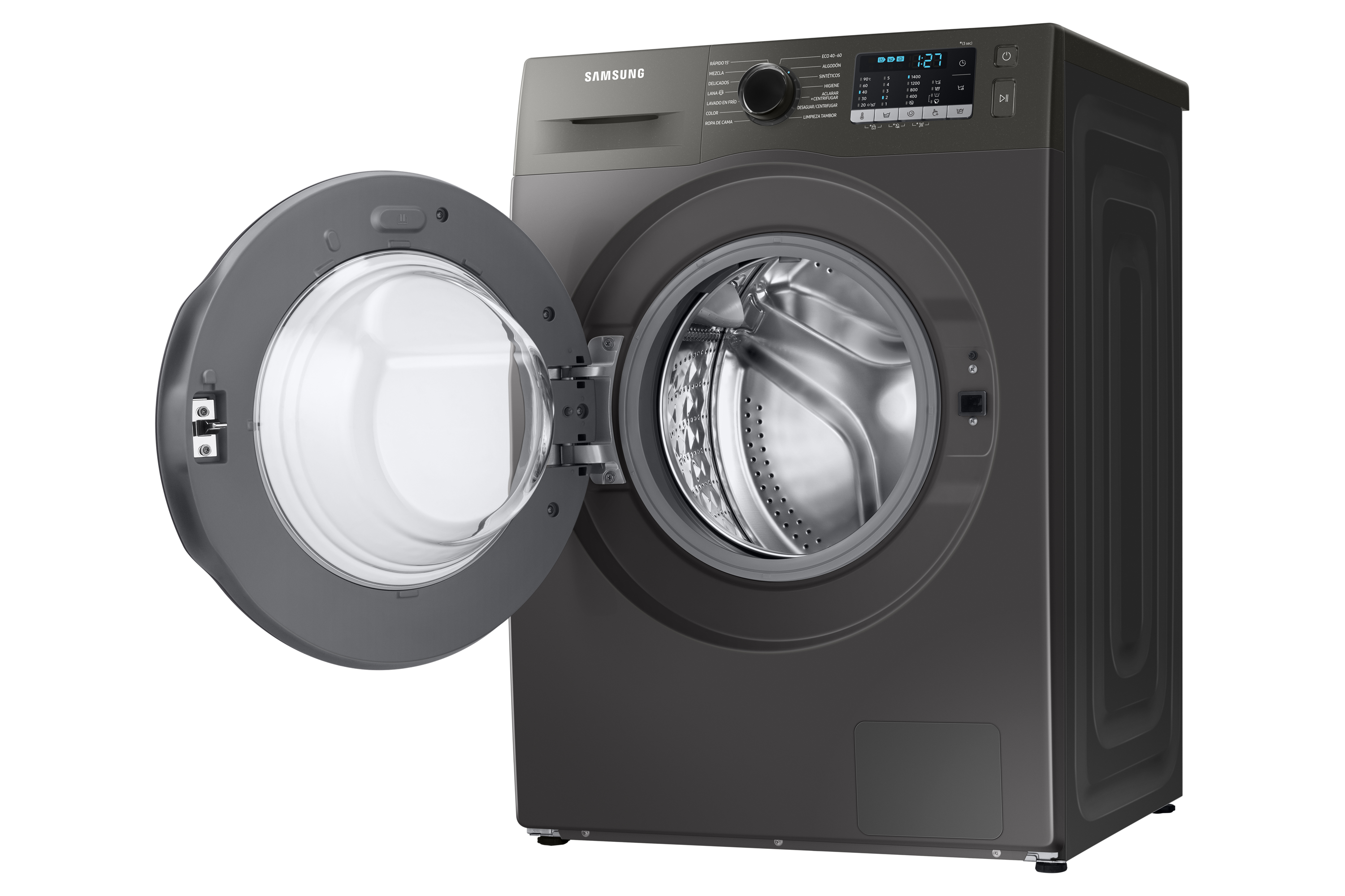 Lavadora Samsung gris oscuro con la puerta entreabierta, que revela un tambor de acero inoxidable.