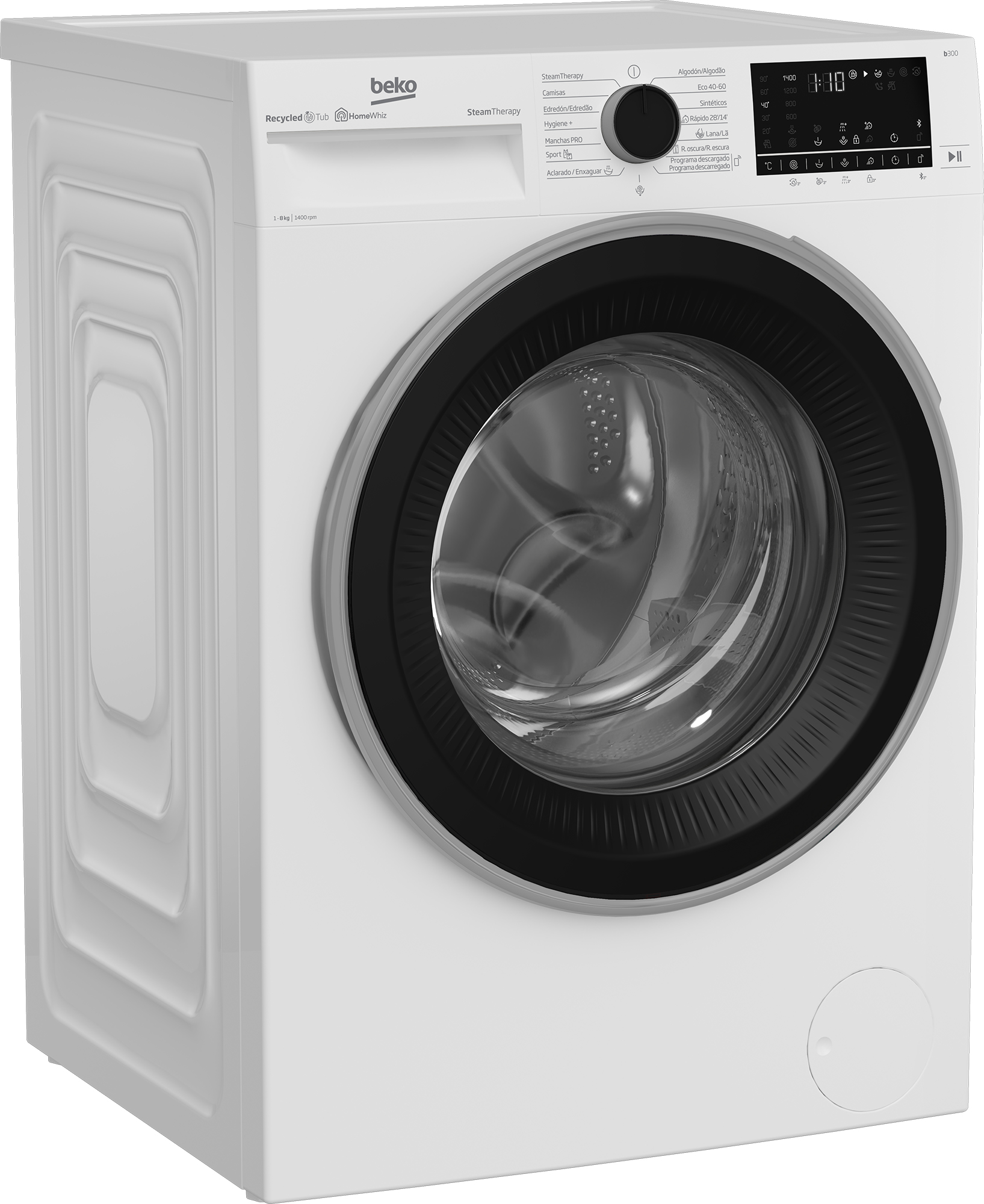 Una lavatrice Beko bianca con una porta nera. Ha un pannello di controllo e un design elegante.