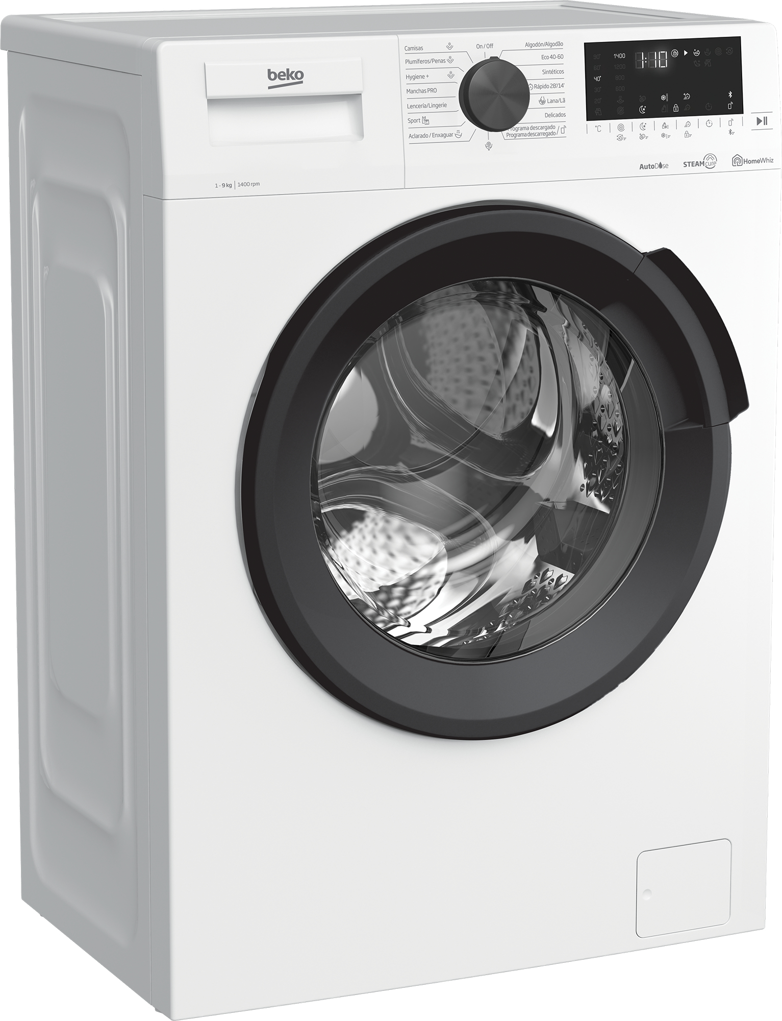 Lavadora Beko blanca. Puerta y panel de control negros. La máquina está inclinada hacia la derecha.