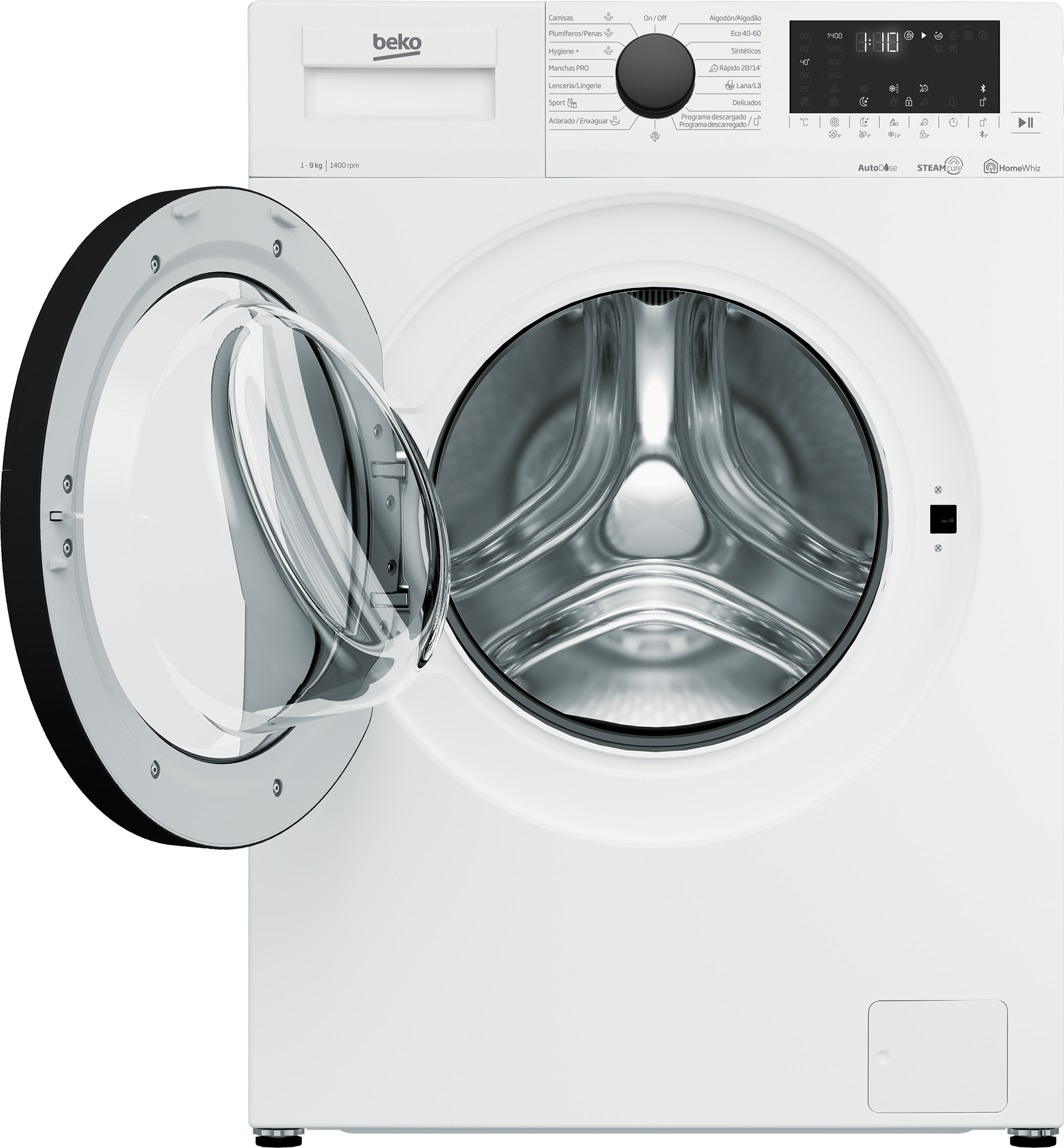 Lavadora blanca con puerta abierta. Marca Beko. Vista frontal. Botones y dial visibles.