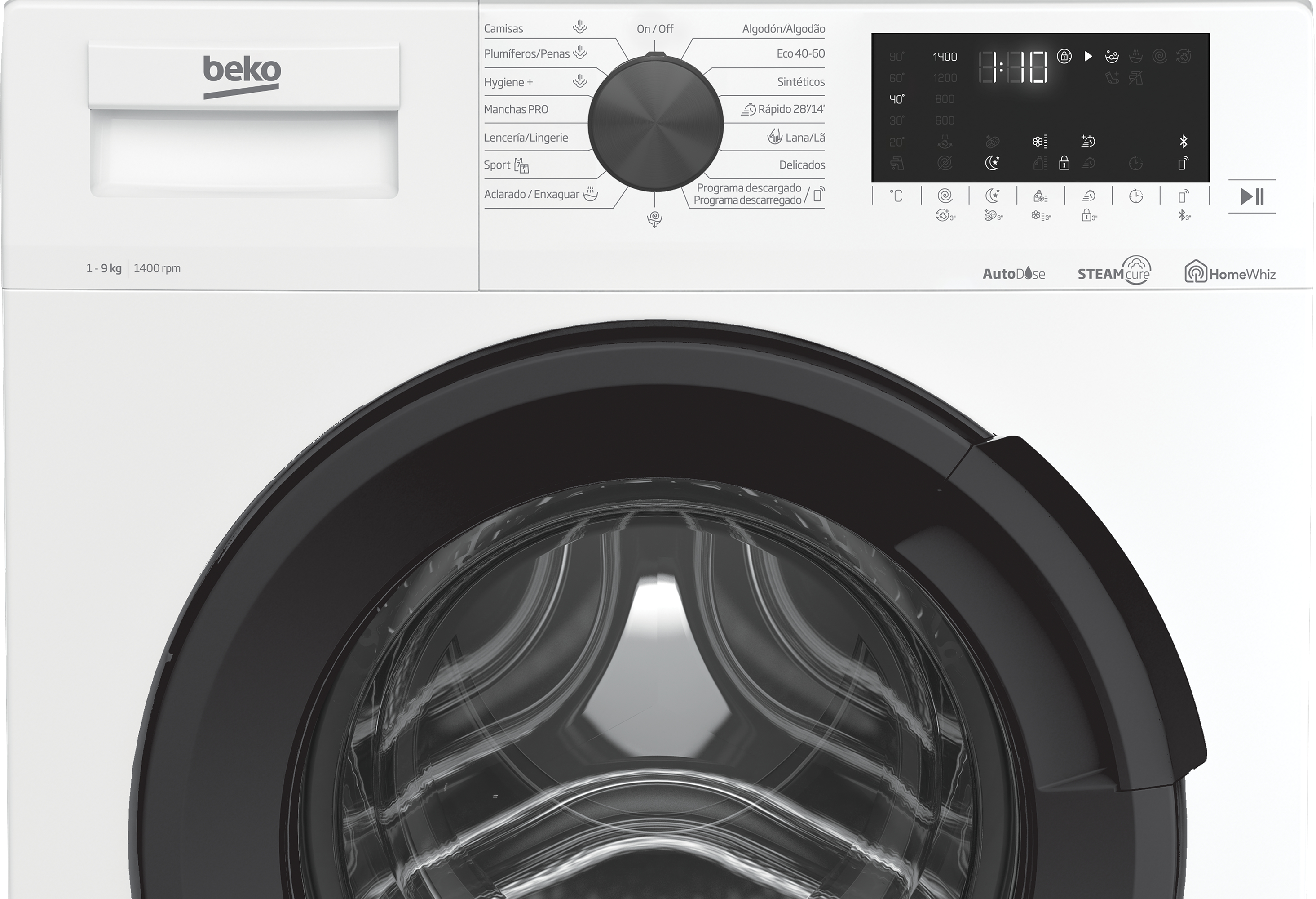 Panel de control de lavadora Beko que muestra varios ajustes de lavado, con puerta negra.