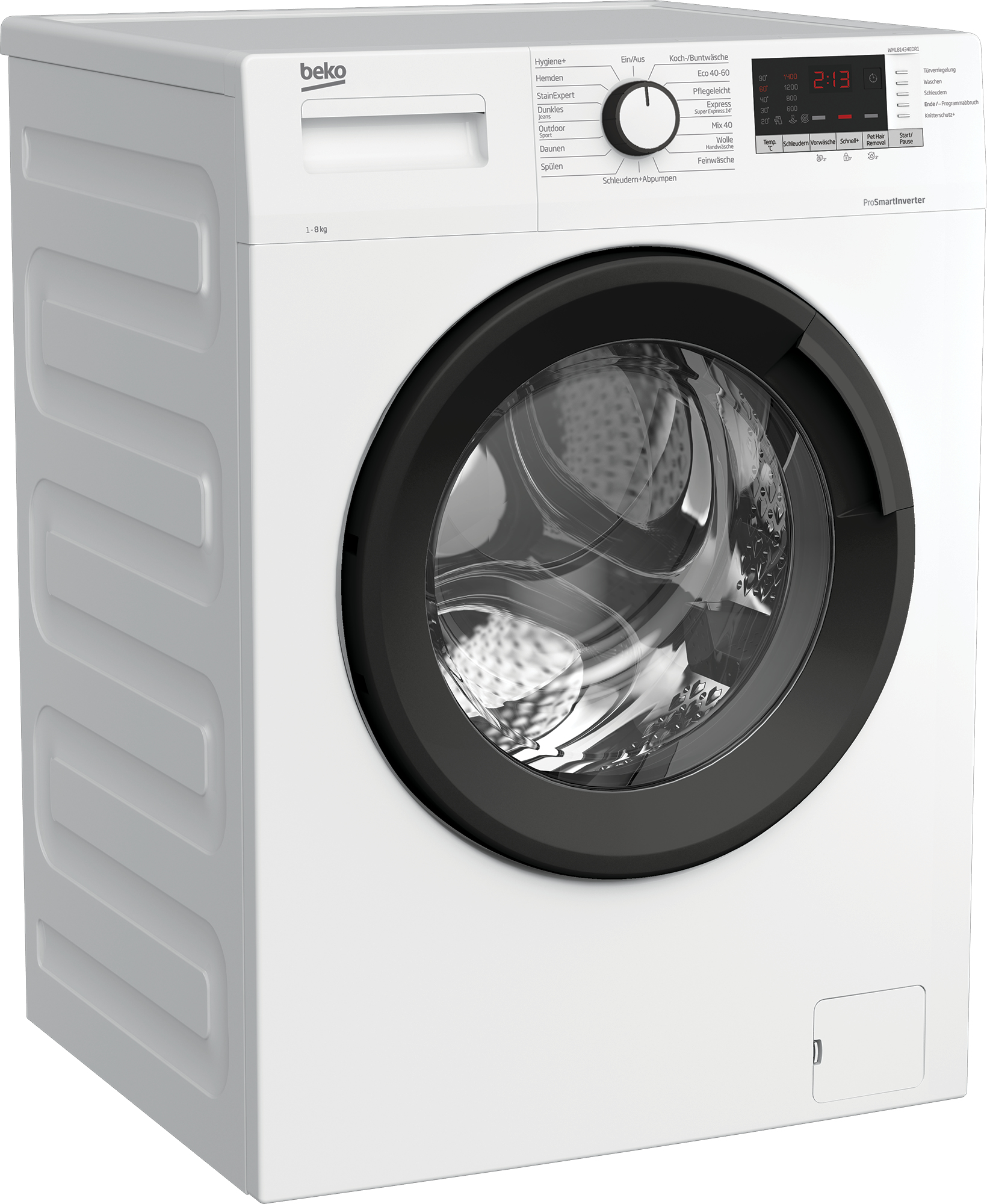 Weiße Beko Waschmaschine mit schwarzer Tür, Bedienfeld und Display.