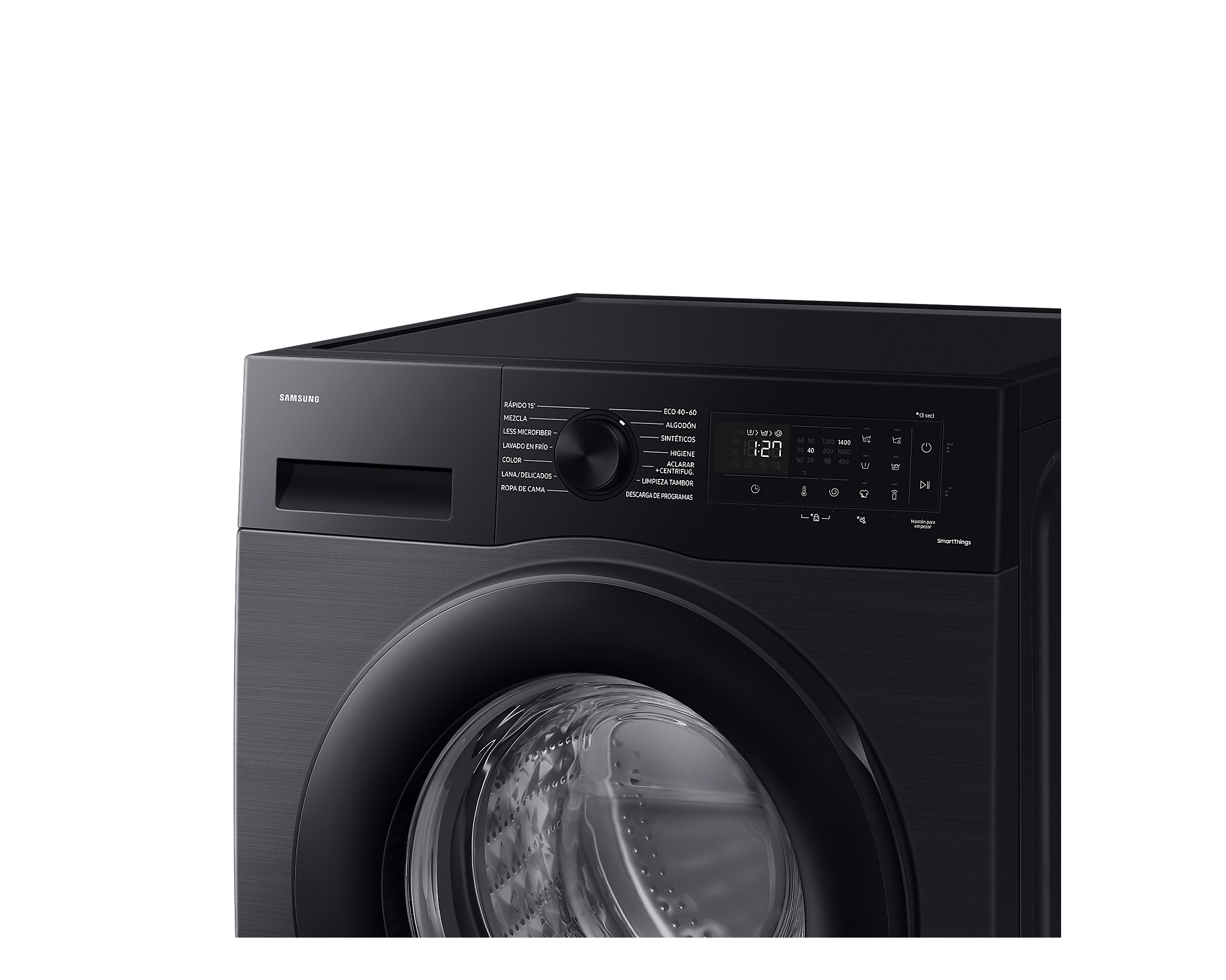 Zbliżenie na czarny panel sterowania i drzwi pralki.