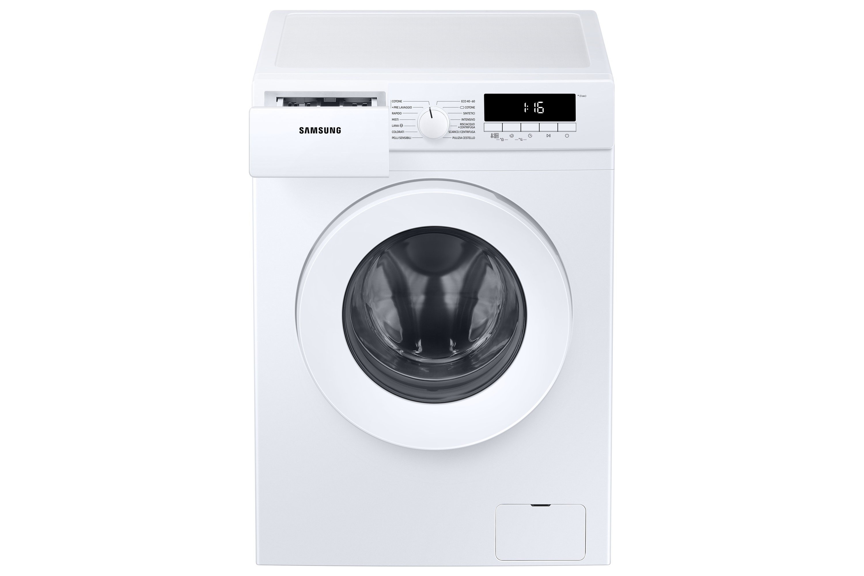 Vista frontal de una lavadora Samsung blanca. Tiene puerta, panel de control y compartimento pequeño.