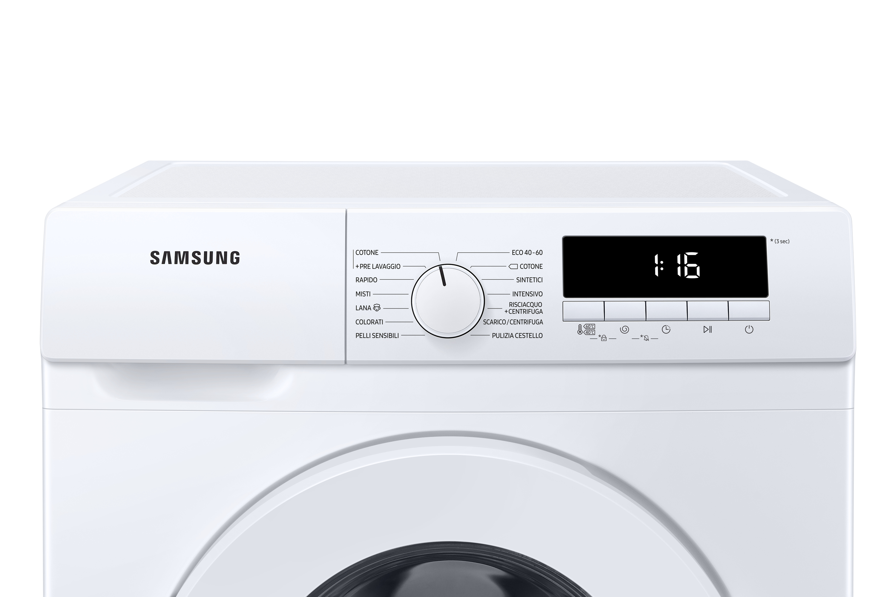 Primer plano del panel de control de una lavadora Samsung blanca. Muestra un temporizador.