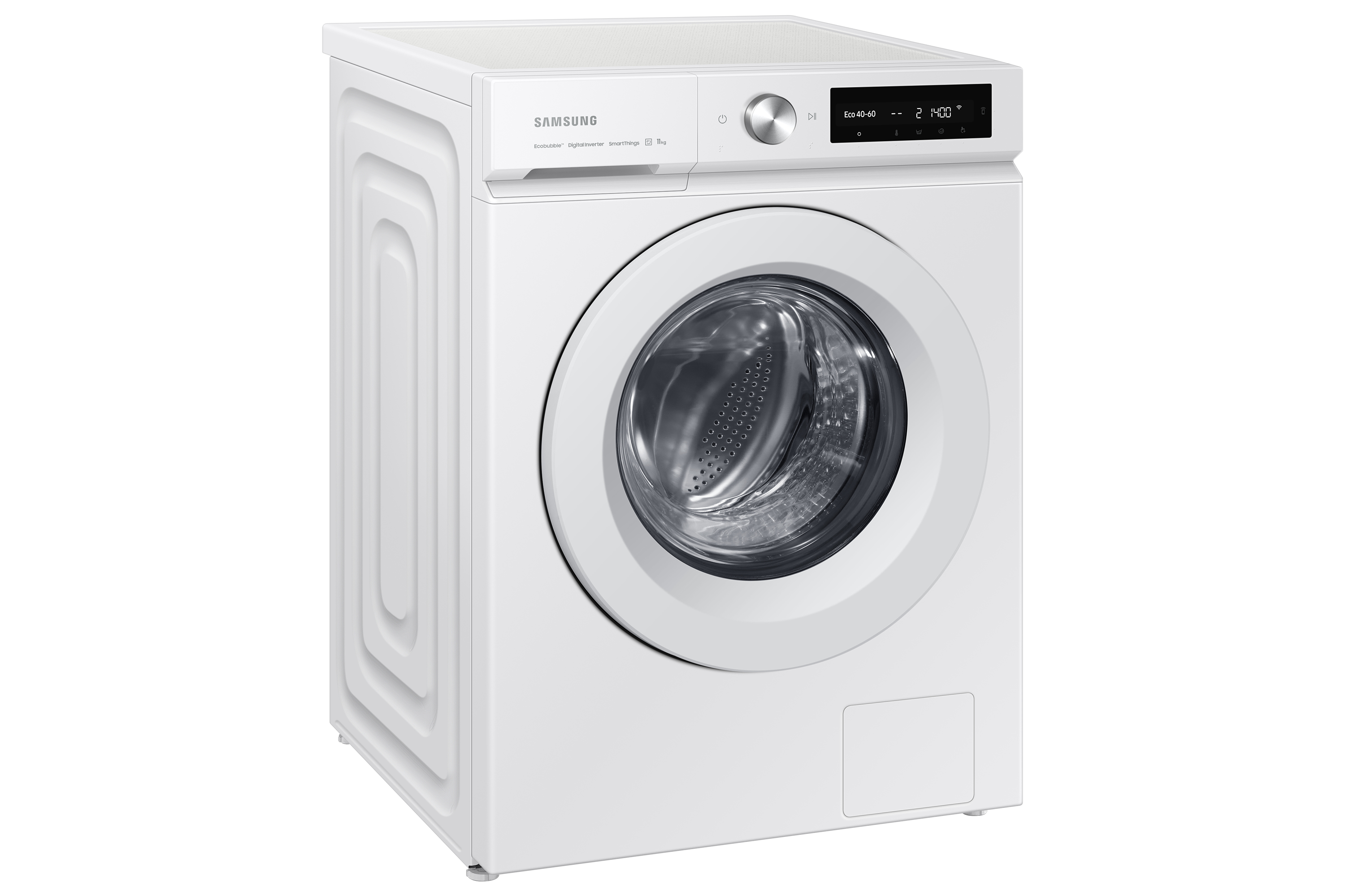 Lavatrice Samsung bianca su sfondo bianco. È una lavatrice a carica frontale con display digitale.