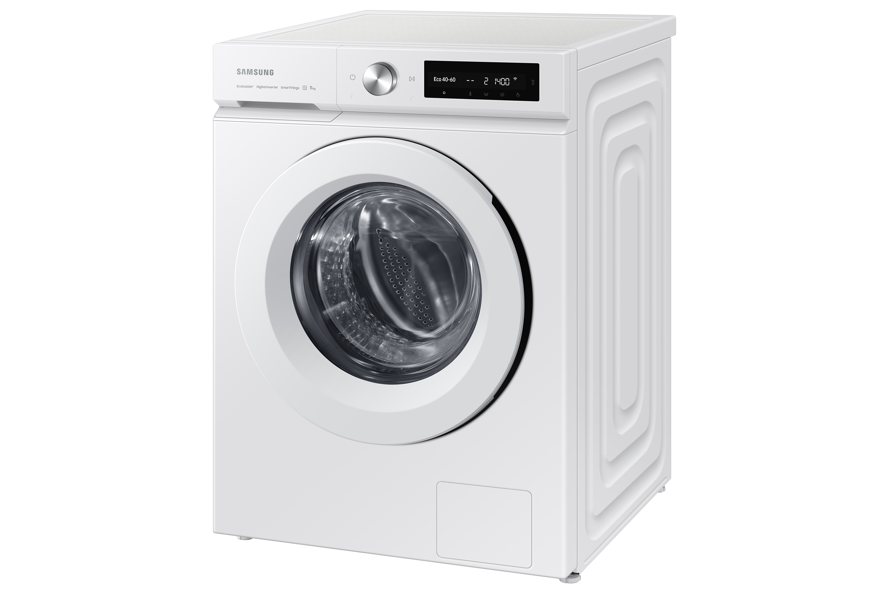 Lavatrice Samsung bianca su sfondo bianco. Porta e display visibili.