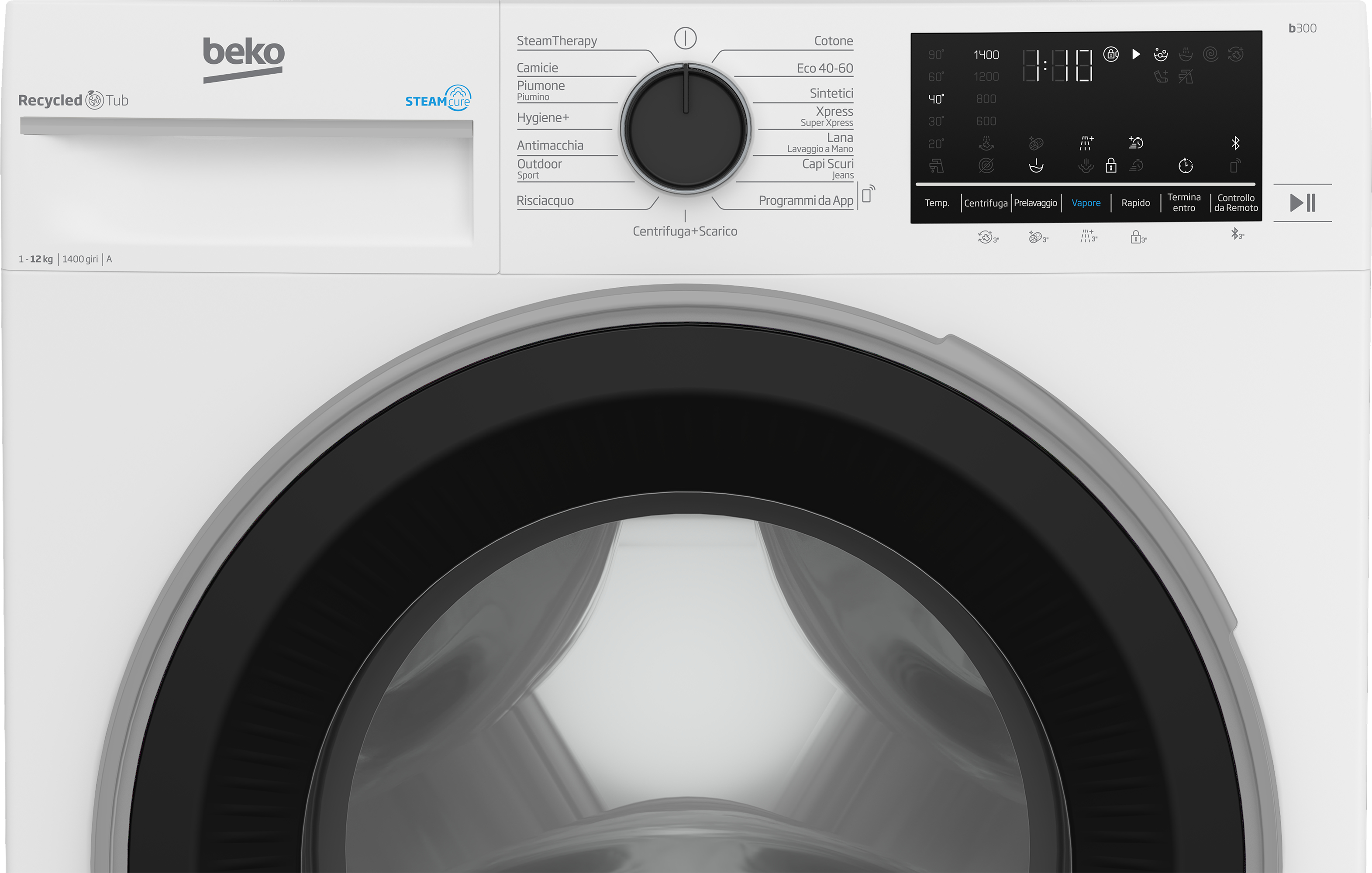 Primo piano del pannello di controllo di una lavatrice Beko. Manopola nera, display digitale, macchina bianca.